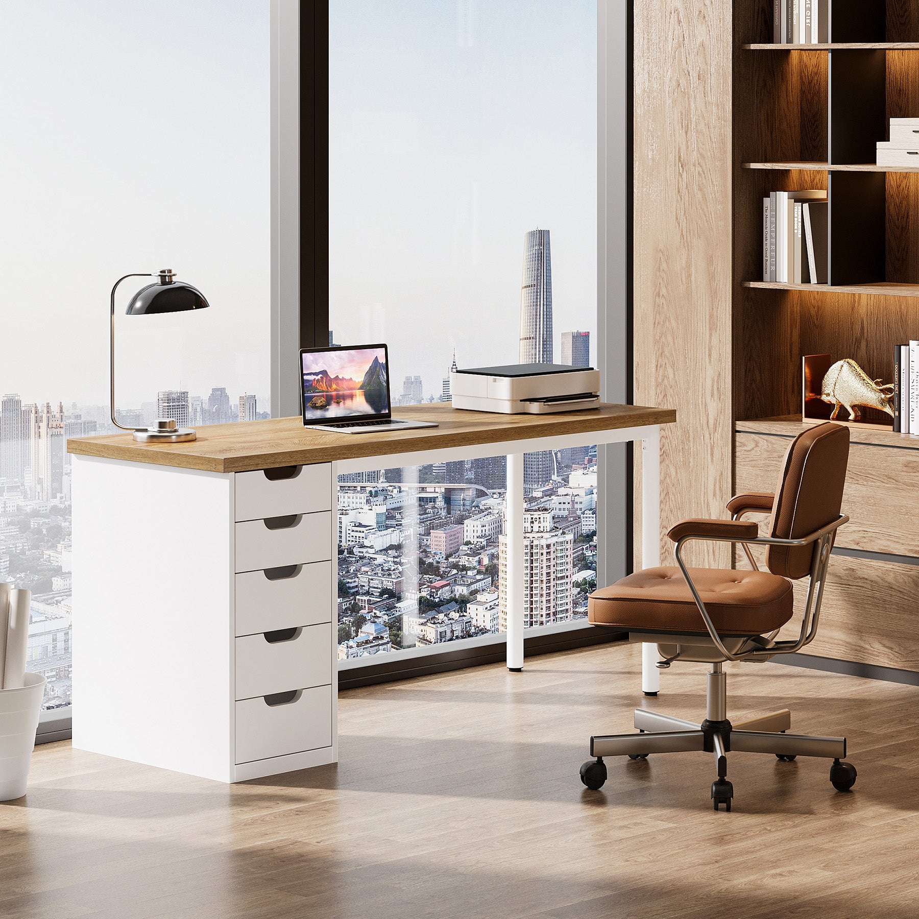 Tribesigns 47" Computer Desk with 5 Reversible Drawers, Rustic Home Office Workstation