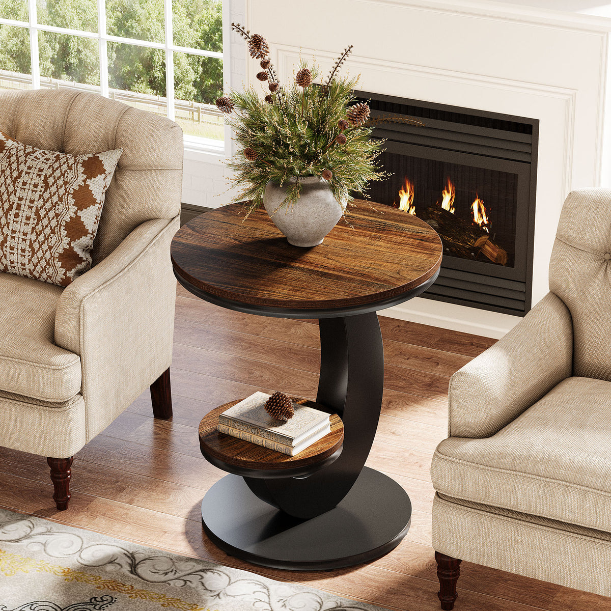 2 Tiers End Table, Sofa Side Bedside Table Nightstand with Arc-Shaped Frame