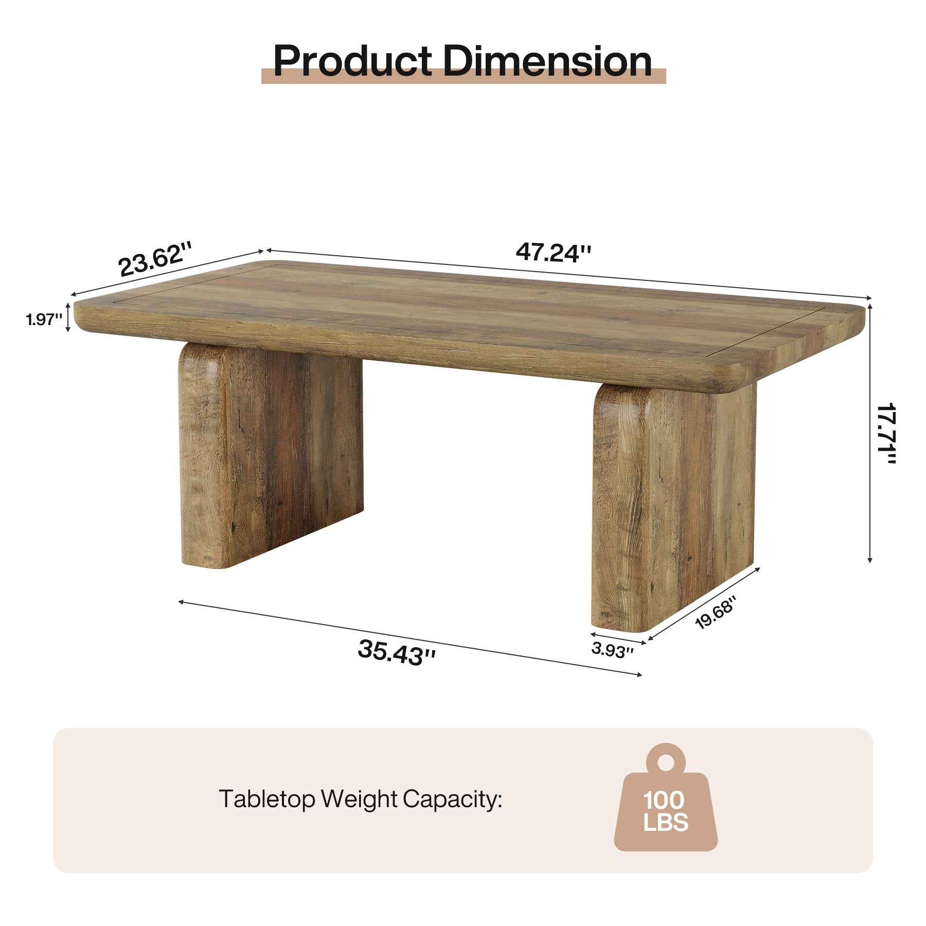 Rectangle Coffee Table, 47.24" Tea Table with Thickened Tabletop