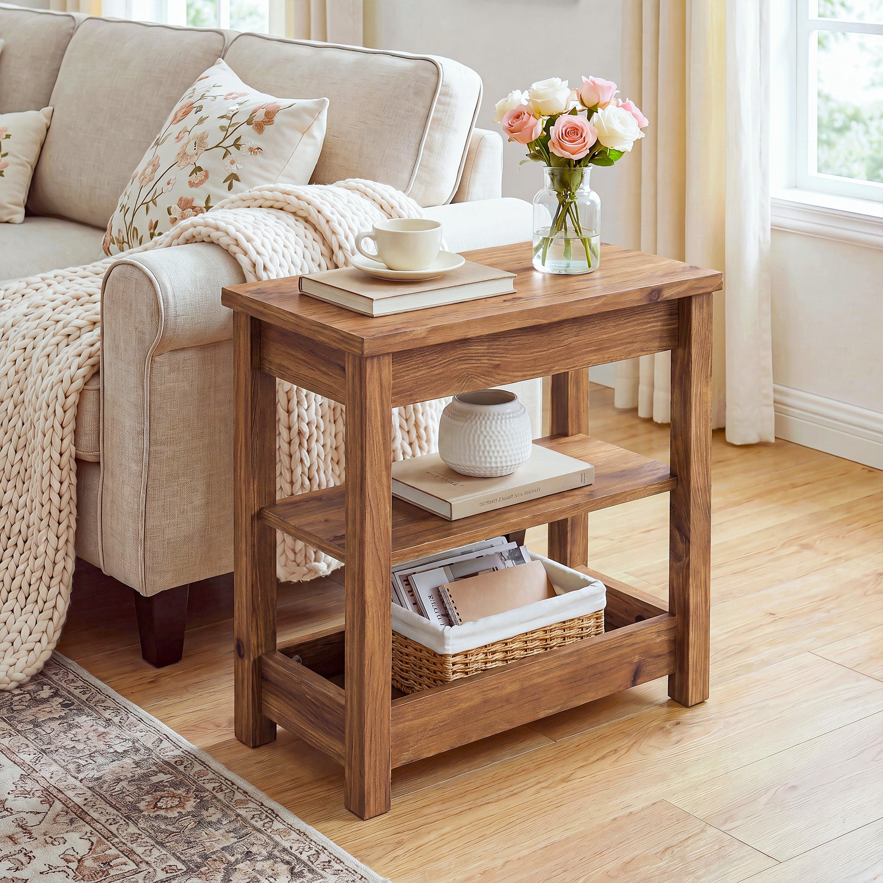 Tribesigns 23.62" Solid Wood End Table, 3-Tier Narrow Side Table for Living Room and Bedroom