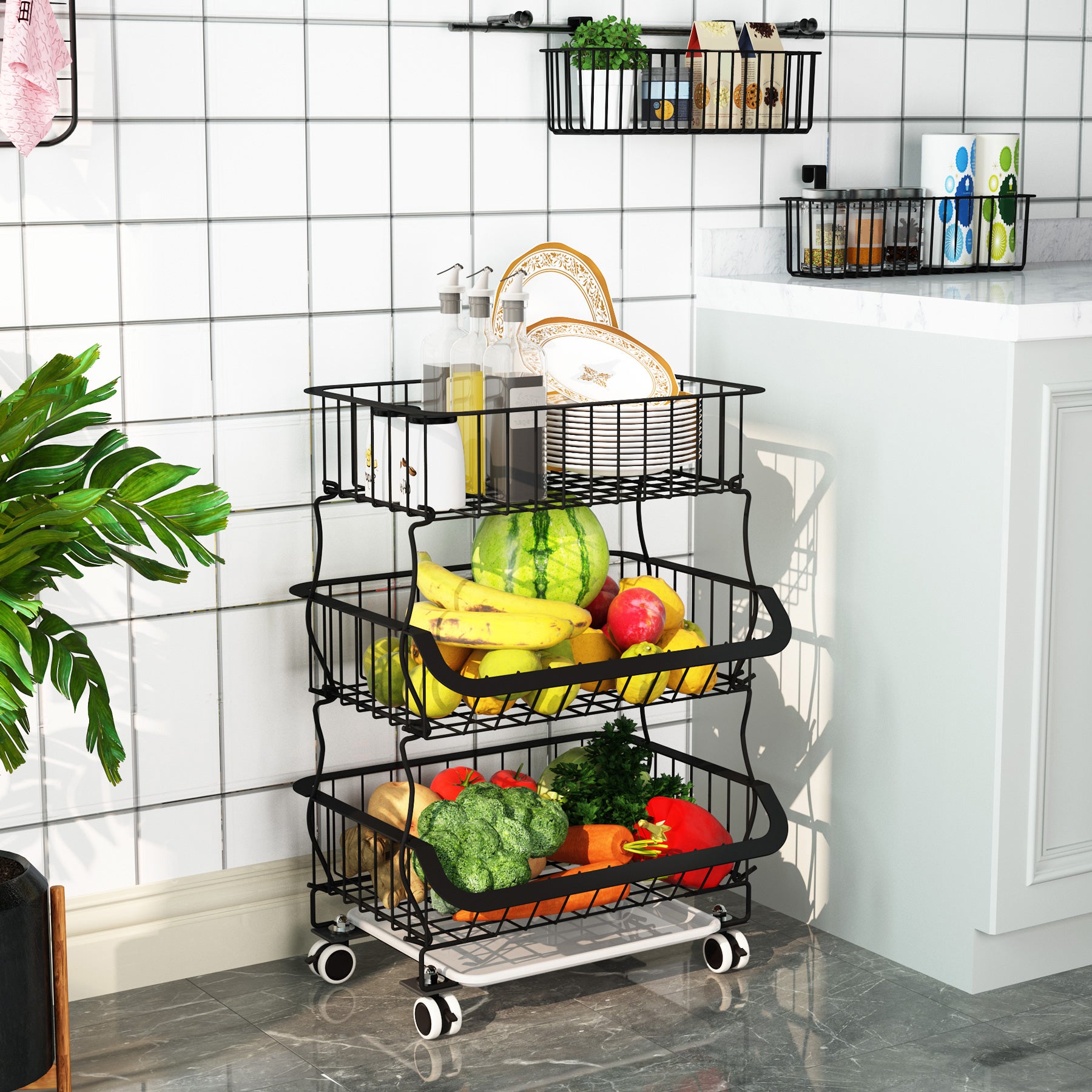 Fruit Basket, 3 Tier Stackable Metal Wire Basket Cart with Rolling Wheels