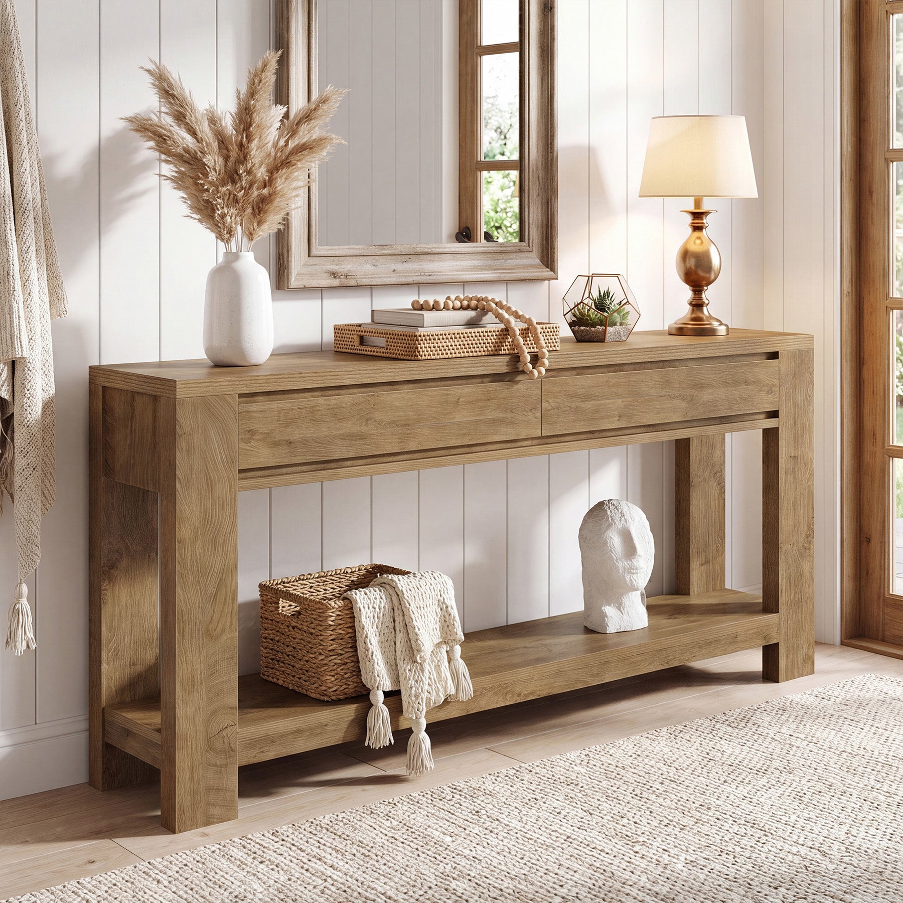 63" Console Table with 2 Storage Drawers, Farmhouse Entryway Table with Open Shelf