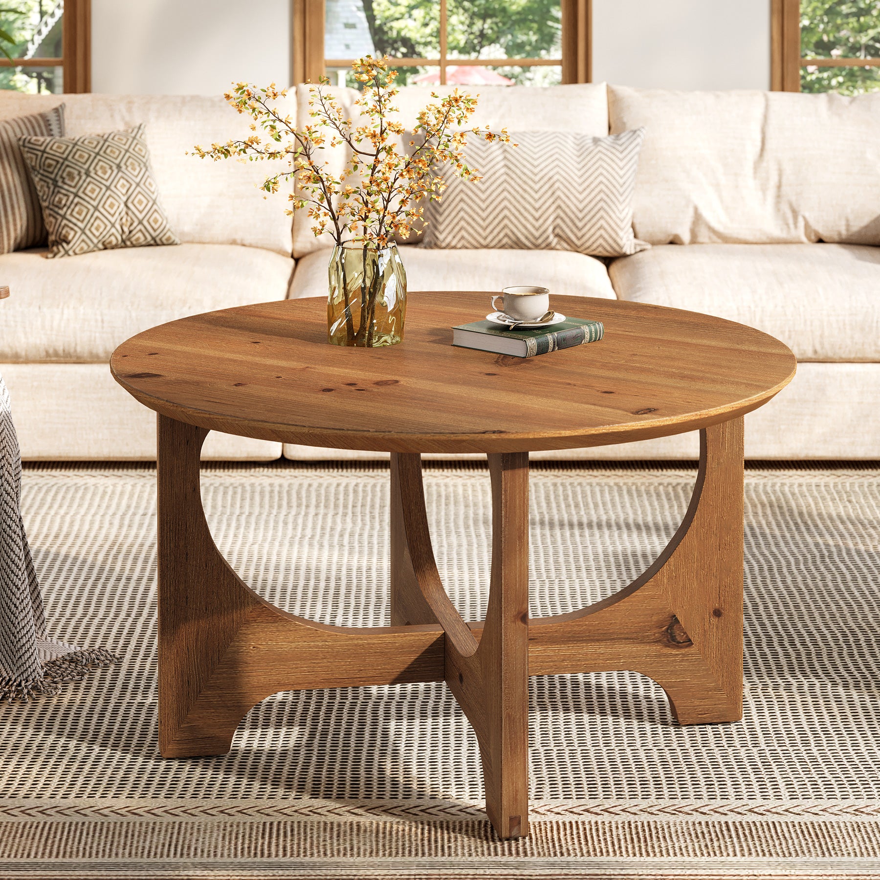 Solid Wood Coffee Table, 31.5" Round Center Table for Living Room