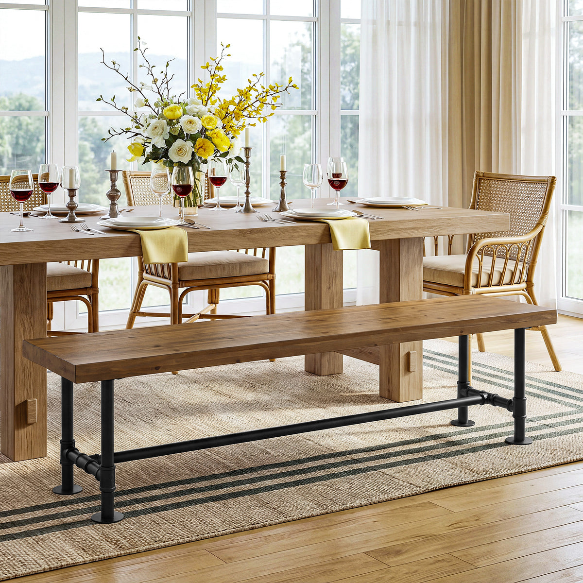 71" Solid Wood Dining Bench, Industrial Wood Bench with Metal Pipe Legs for Kitchen