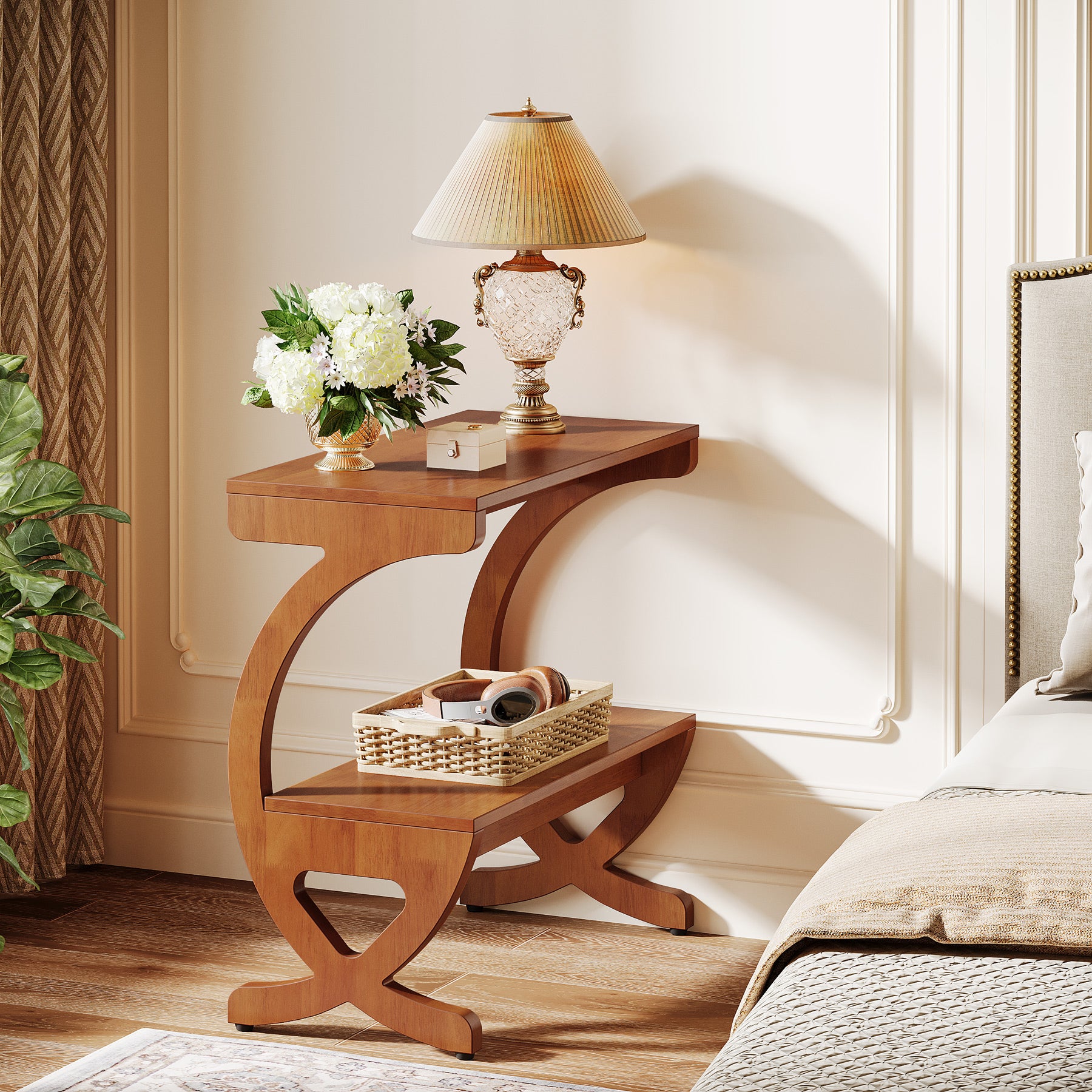 Solid Wood Nightstand, 23.62" Bedside Table with 2-Tier Storage Shelf