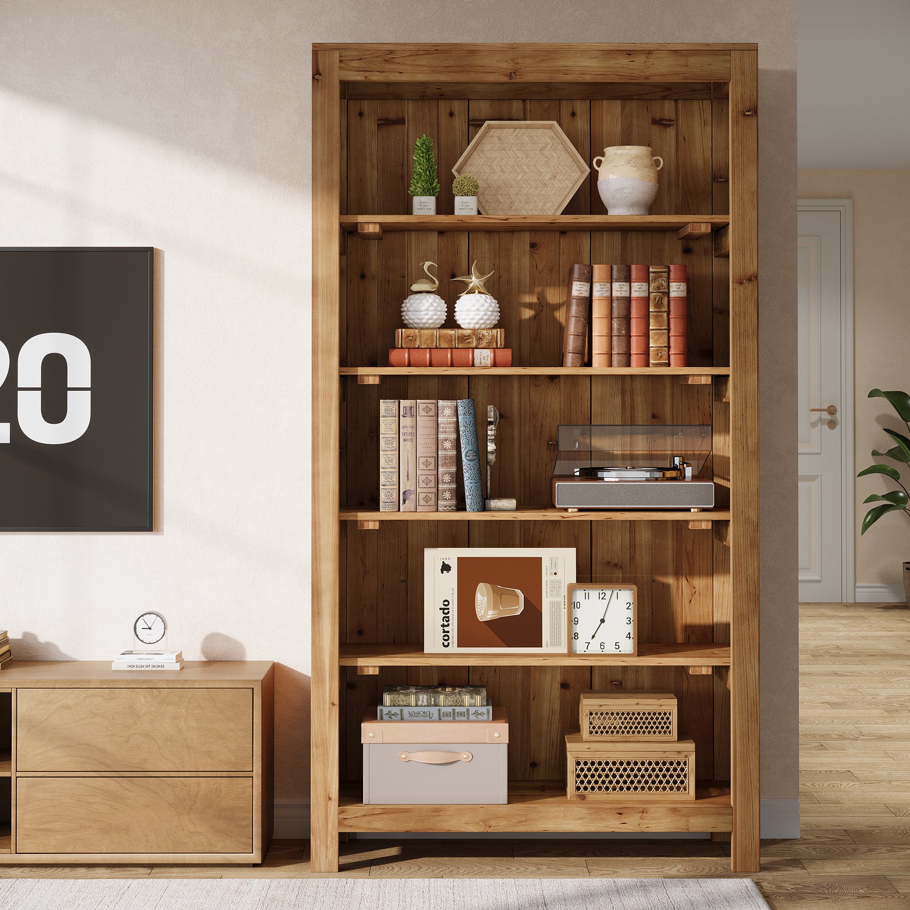 Solid Wood Bookcase, 5-Tier Bookshelf Display Storage Shelves