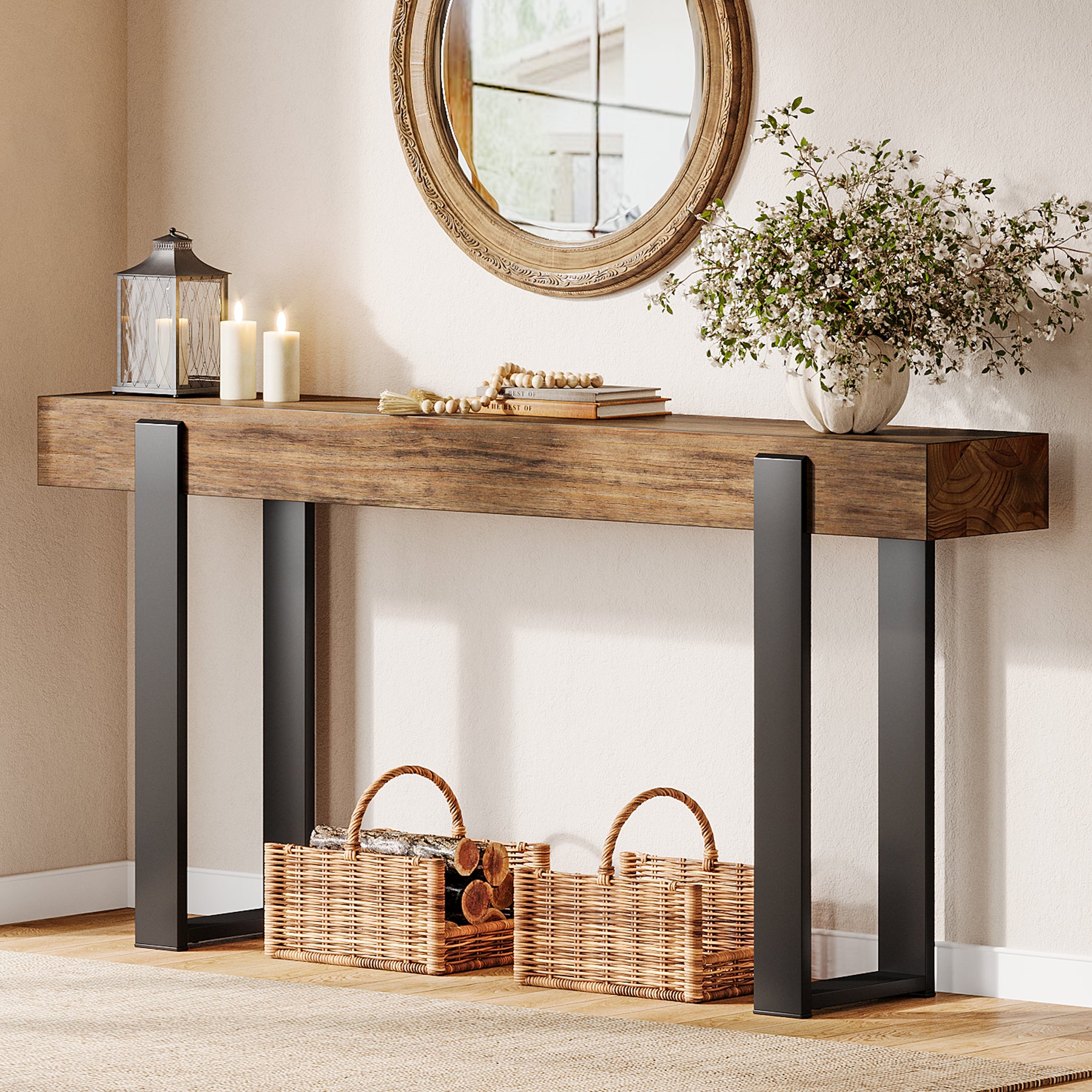 Solid Wood Console Table, 63" Entryway Sofa Table with Metal Legs