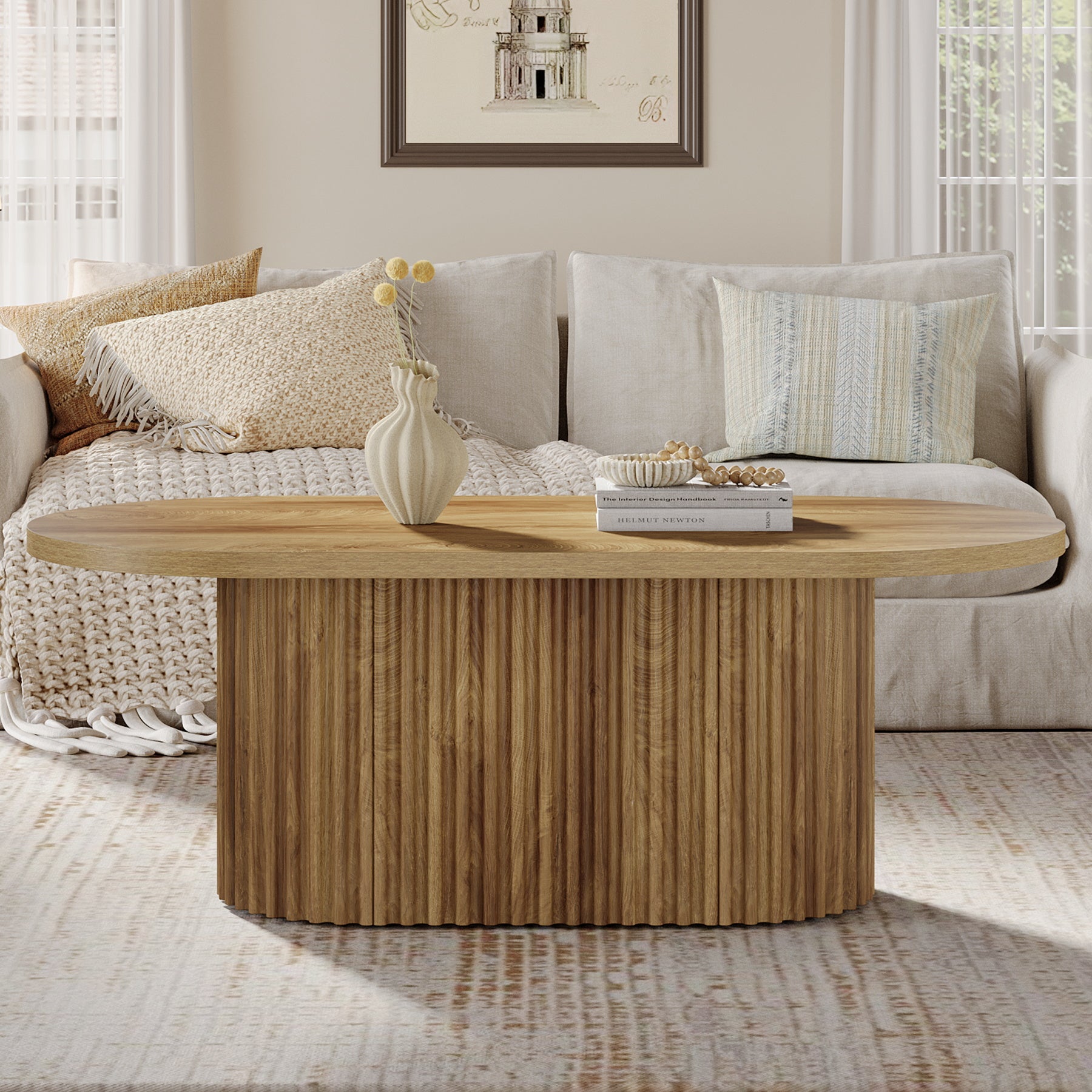 47.2" Oval Coffee Table, Farmhouse Center Table with Fluted Design