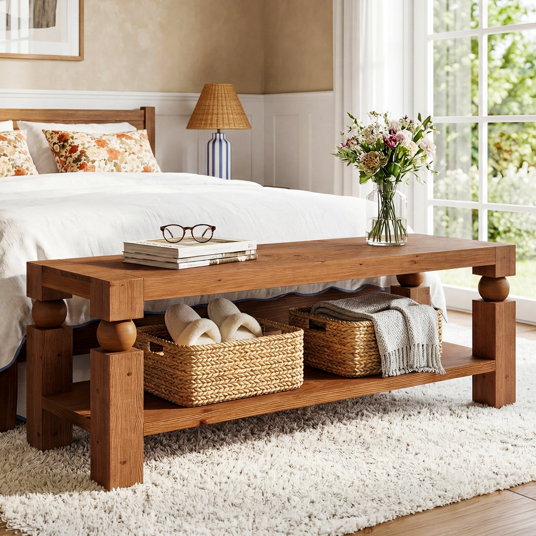 Solid Wood Entryway Bench, 47" Shoe Storage Bench with Shelf for Hallway