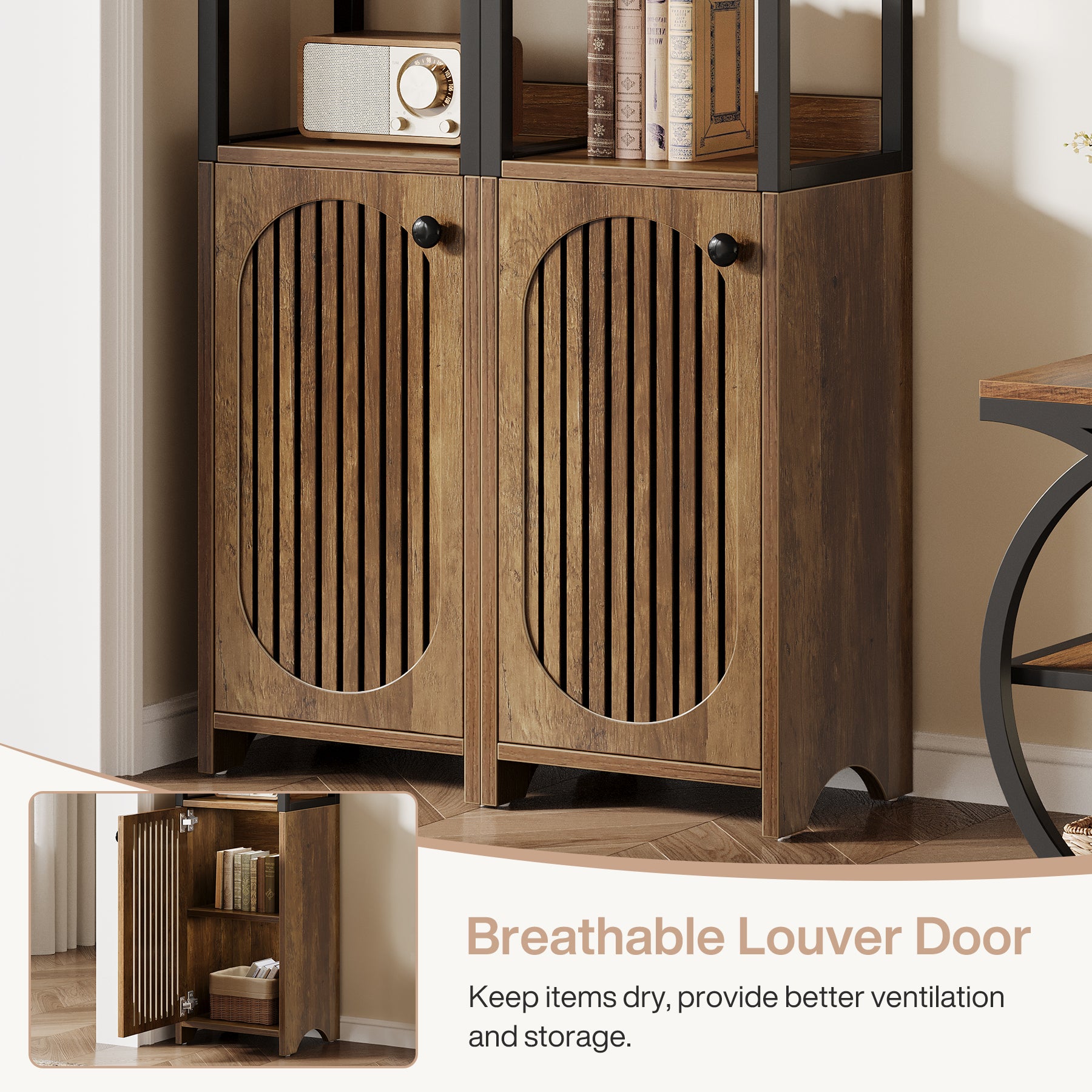 71.6" Bookshelf with Cabinet, Narrow Bookcase with Open Storage Shelves