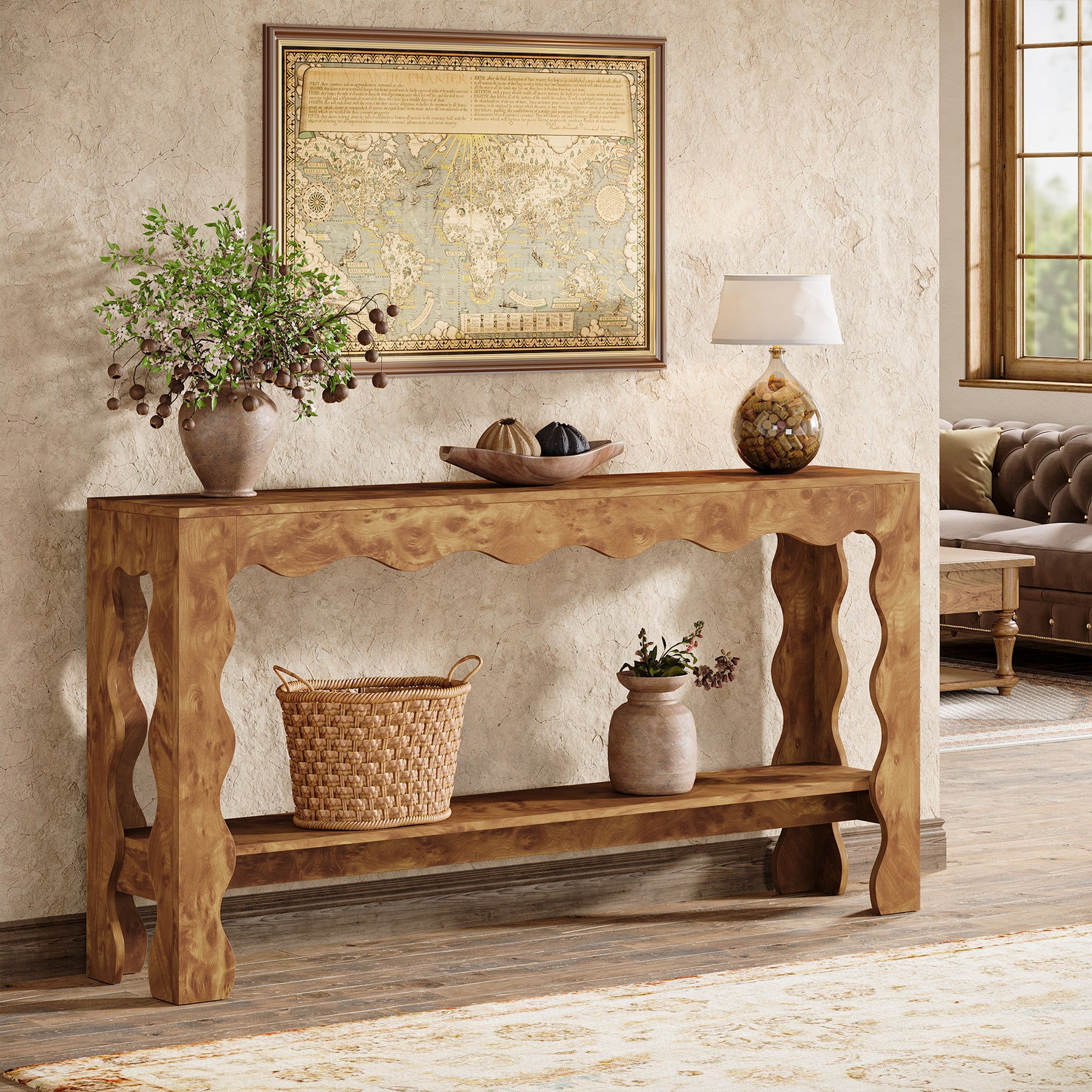 63" Console Table, 2-Tier Narrow Sofa Table with Storage and Scalloped Curves