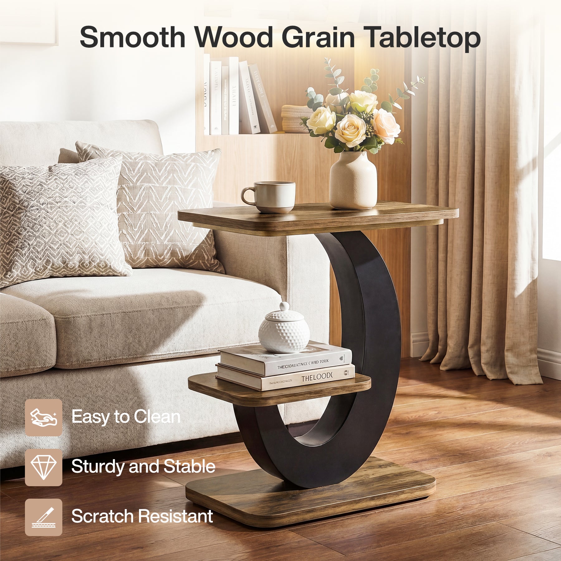 2-Tier End Table, Narrow Side Table with Metal Arc-Shaped Frame