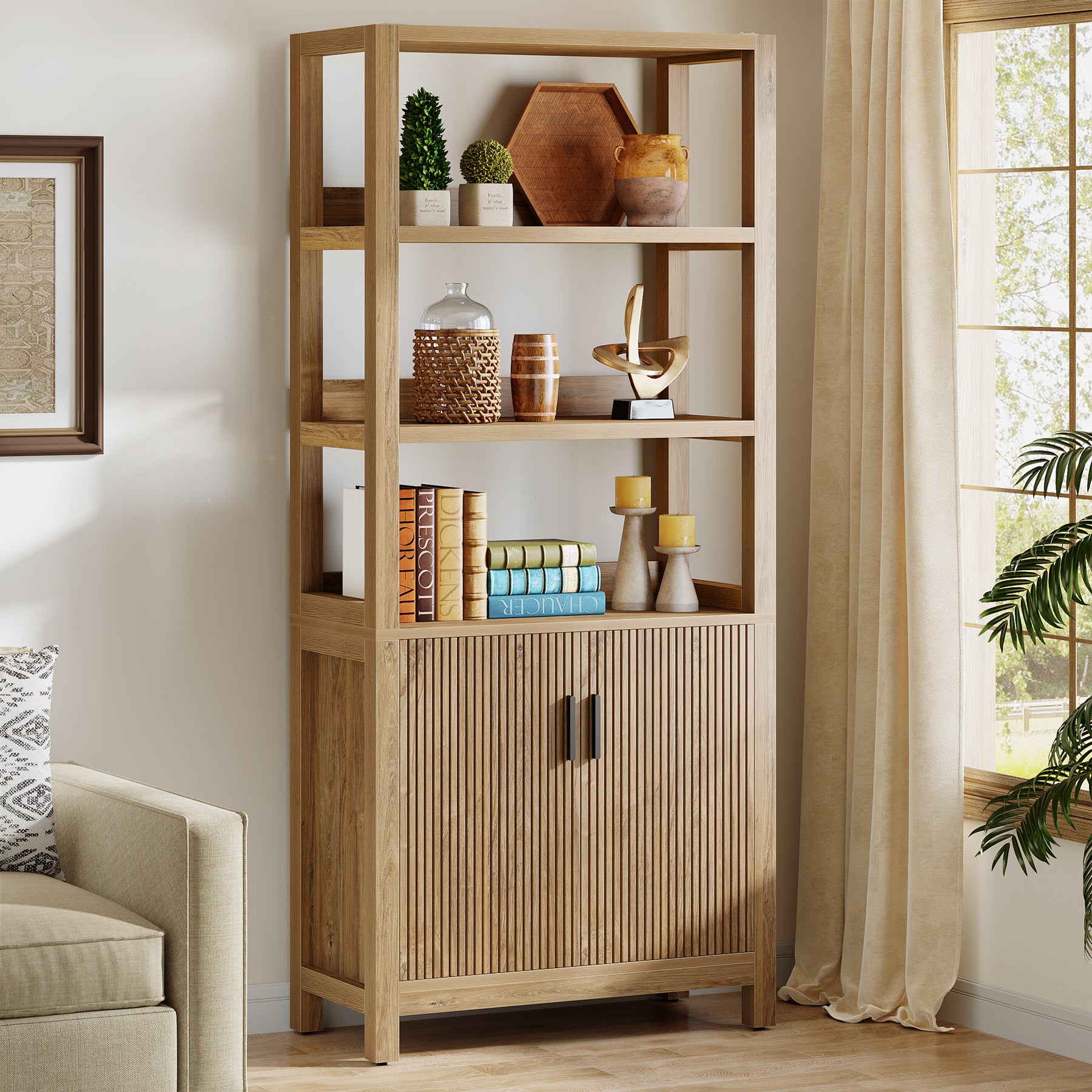 70.9" Bookcase, Wooden Bookshelf with 3-Tier Open Shelf and Door Cabinet