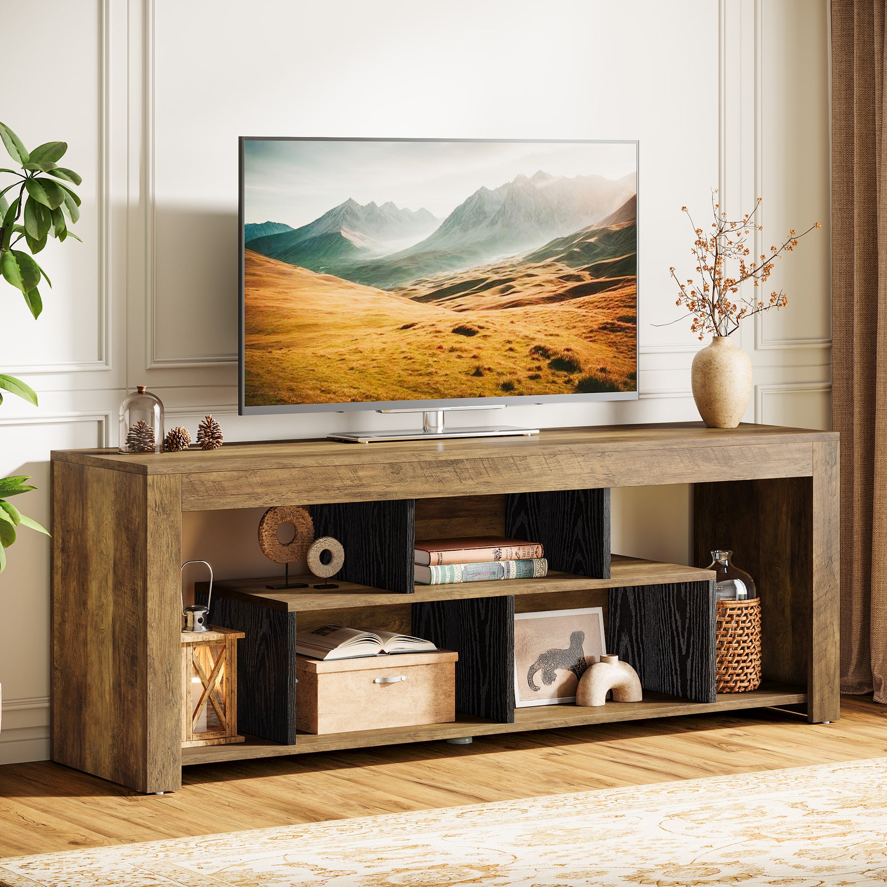 63-Inch TV Stand for 65–75 Inch TV, Rustic Wooden Media Console with Storage Shelves