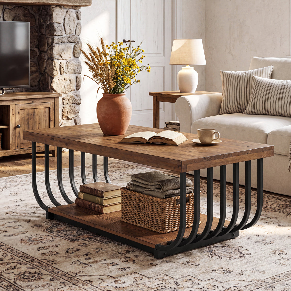 47" Solid Wood Coffee Table, Rectangle Center Table with 2-Tier Storage & Metal Frame