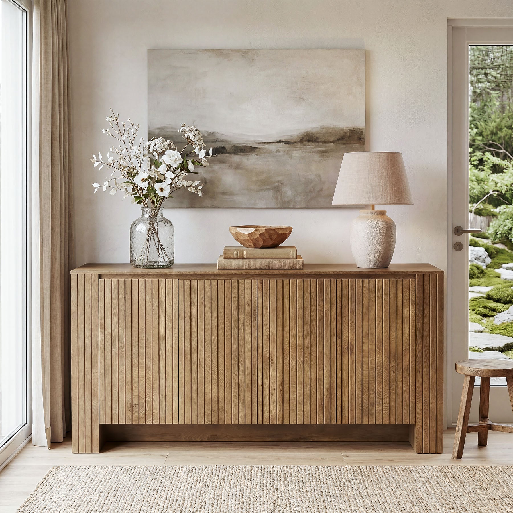 63" Fluted Sideboard Buffet Cabinet with Storage, Modern Coffee Bar Cabinet with Adjustable Shelves