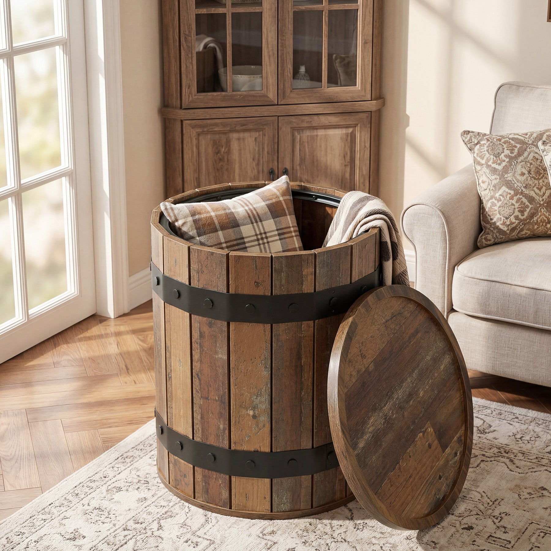 19.68" Barrel Side Table with Hidden Storage, Round Wood End Table with Lid for Living Room and Bedroom