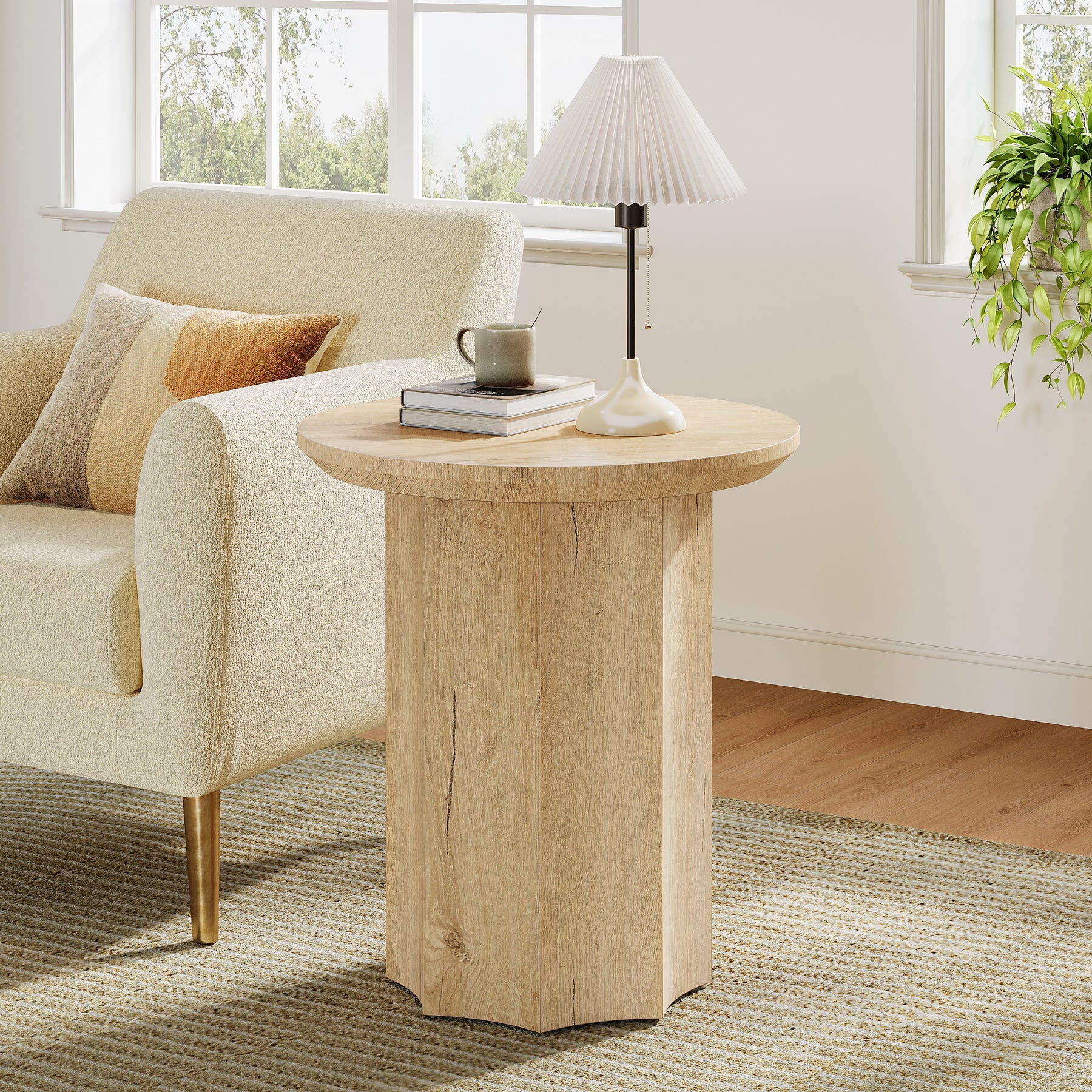 Round End Table, Wooden Pedestal Side Table with Octagonal Base
