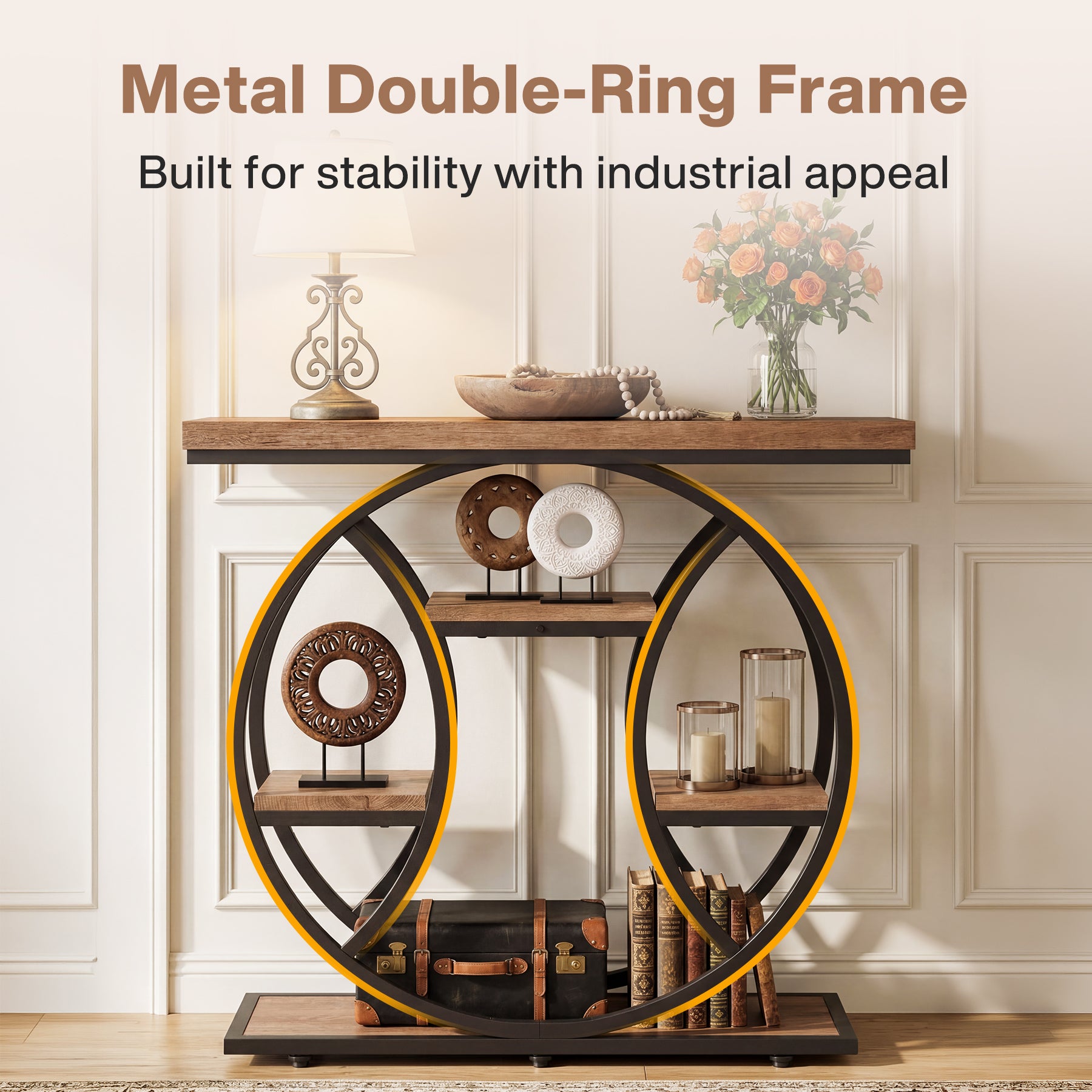 41.3" Industrial Console Table with 4-Tier Shelves – Circle Metal Frame Entryway Sofa Table