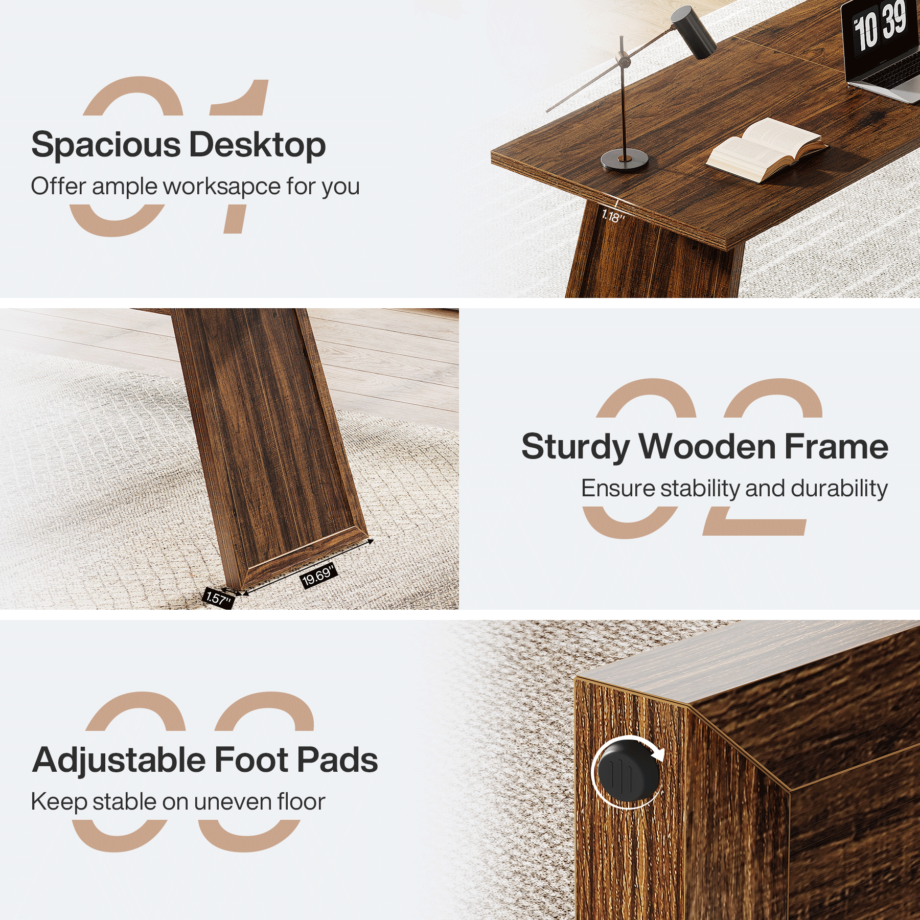 70.87" Executive Desk, Large Office Computer Desk with Slanted Legs