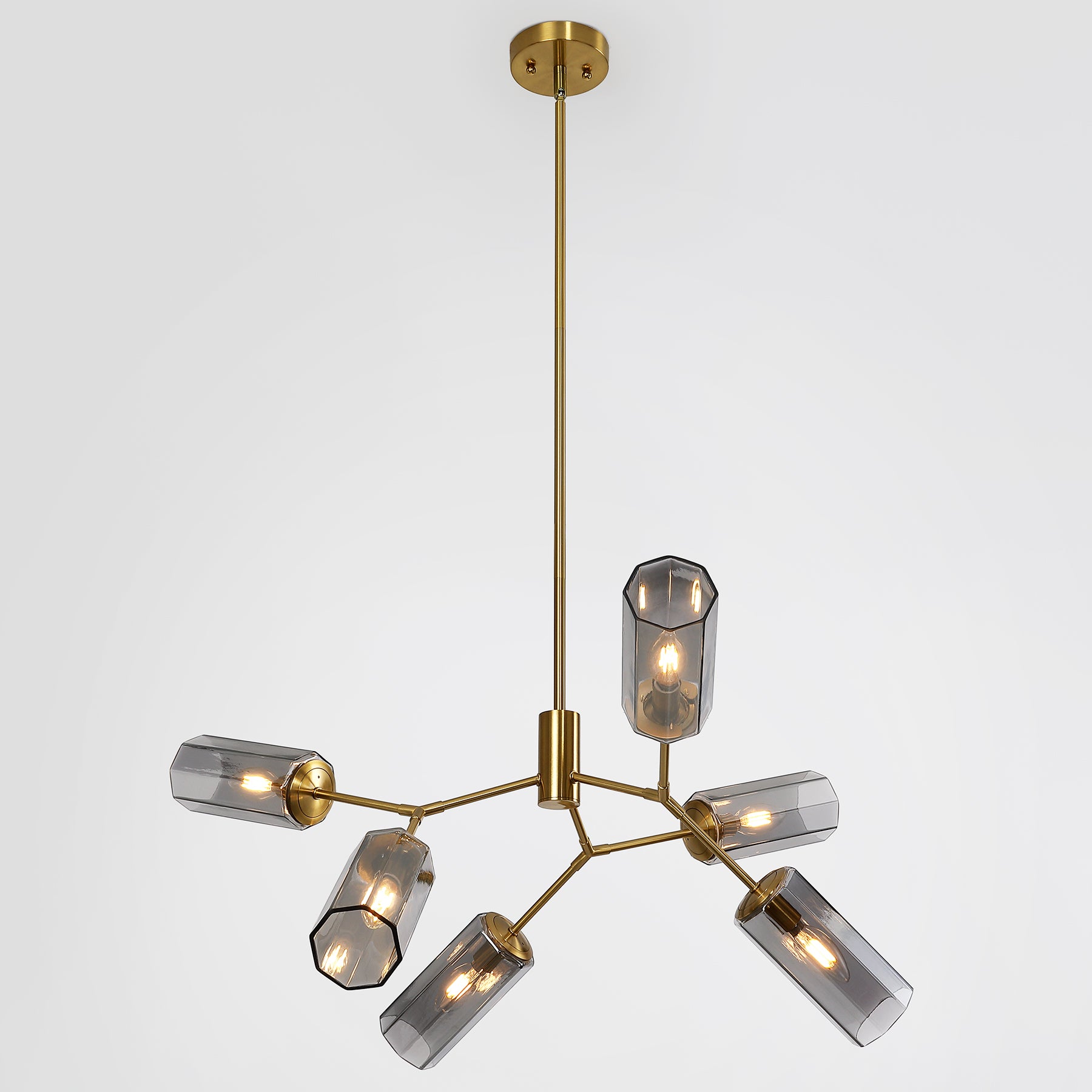 6-Light Branch Chandelier, Modern Adjustable-Height Pendant Lighting with Smoky Grey Glass