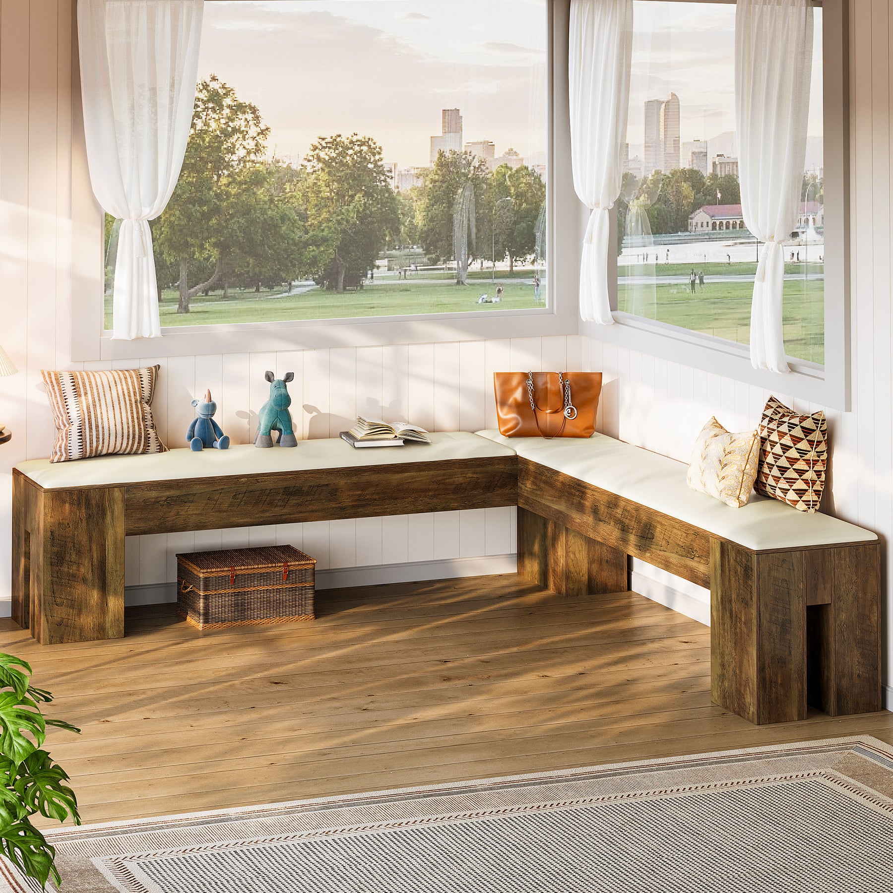 L-Shaped Bench, 61" Entryway Shoe Bench with Padded Seat Cushion