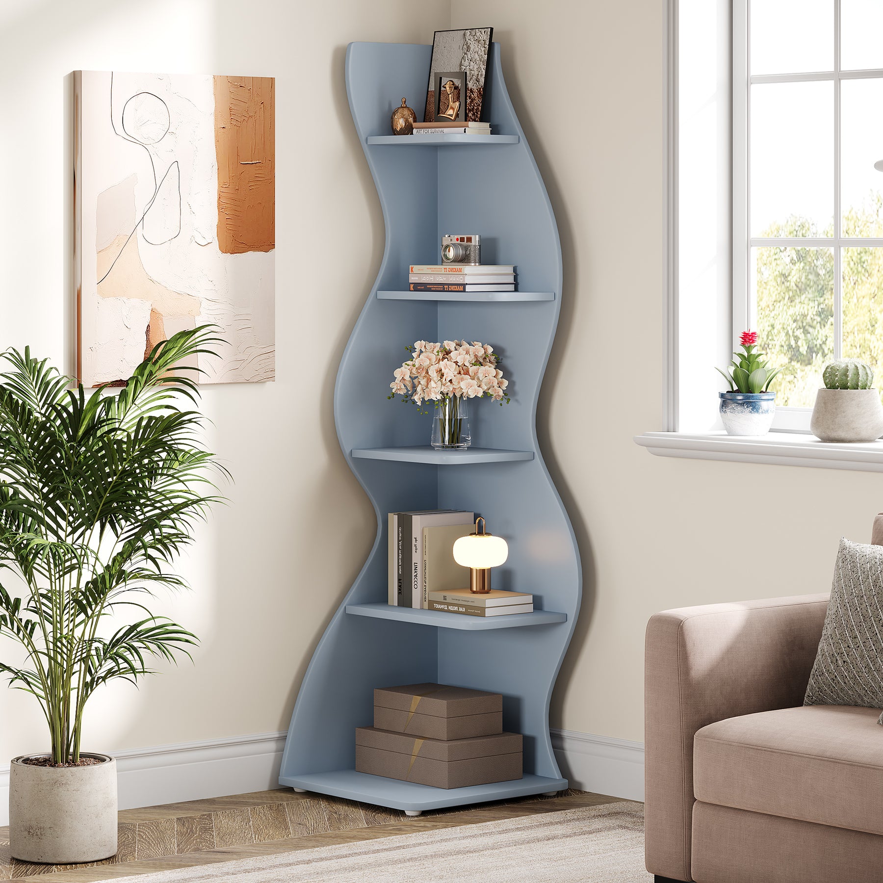 Wavy Corner Shelf, 5-Tier Bookshelf Bookcase Display Rack
