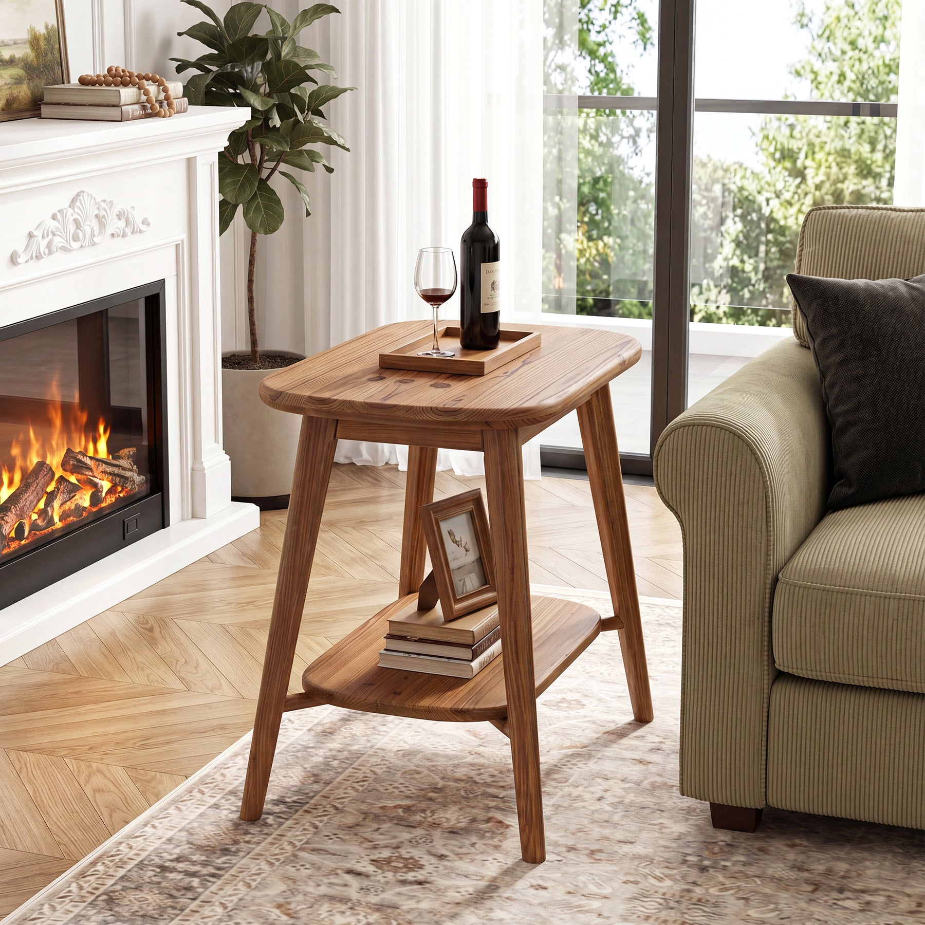 2-Tier Solid Wood End Table, Farmhouse Side Table with Rounded Corners for Small Spaces