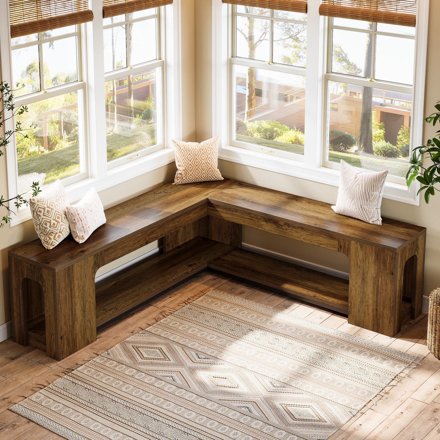 L-Shaped Corner Bench, Farmhouse Dining Bench with Removable Seat Cushion