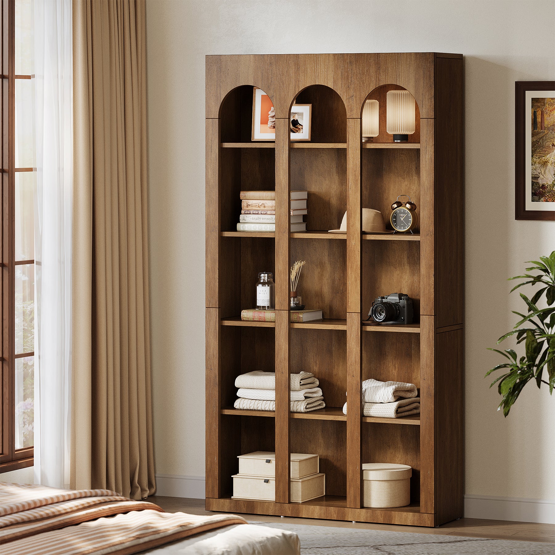 70.8" Arched 5-Tier Bookshelf with Open Shelves, Vintage Farmhouse Style Tall Display Bookcase