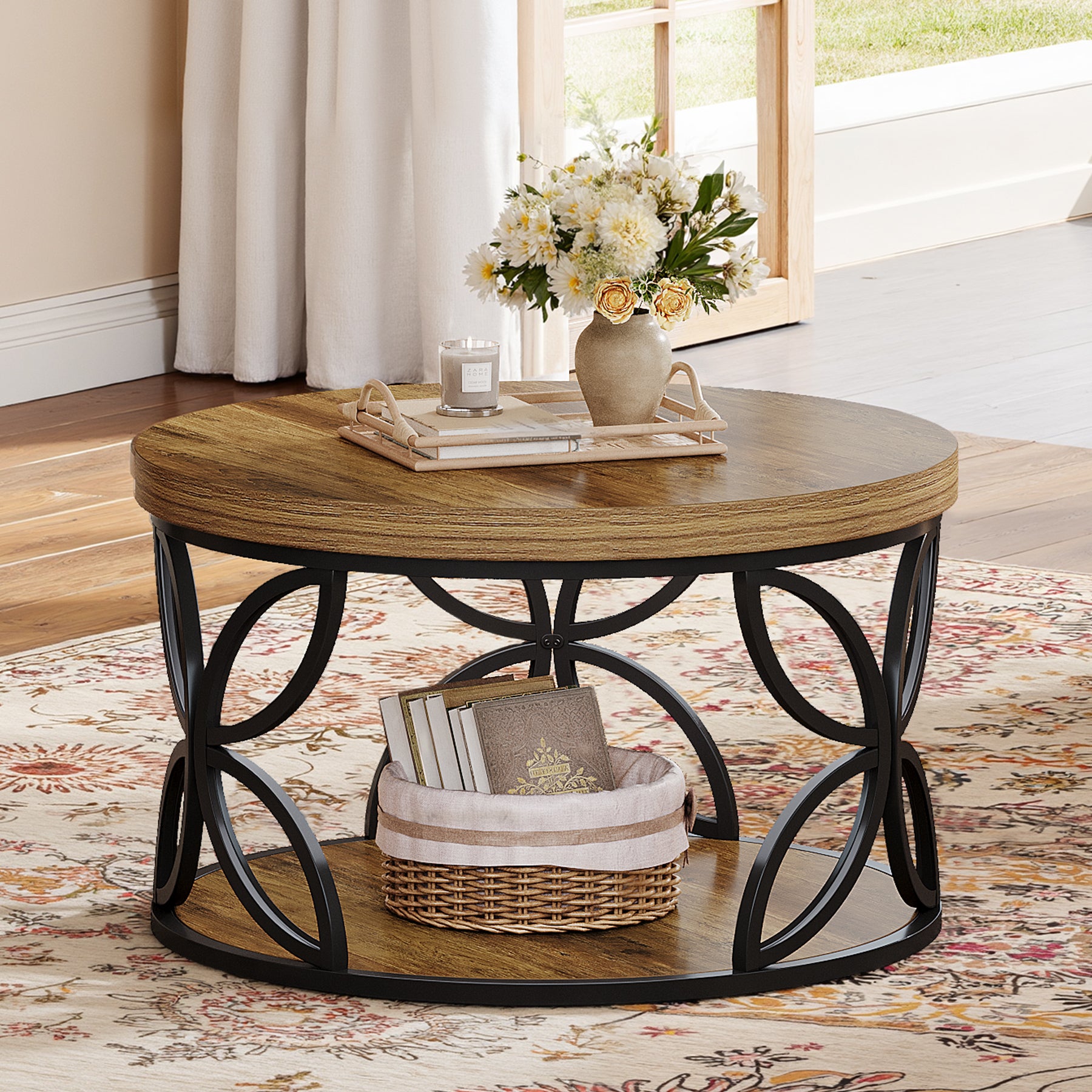 2-Tier Round Coffee Table, 31.5" Industrial Accent Tea Table with Metal Frame