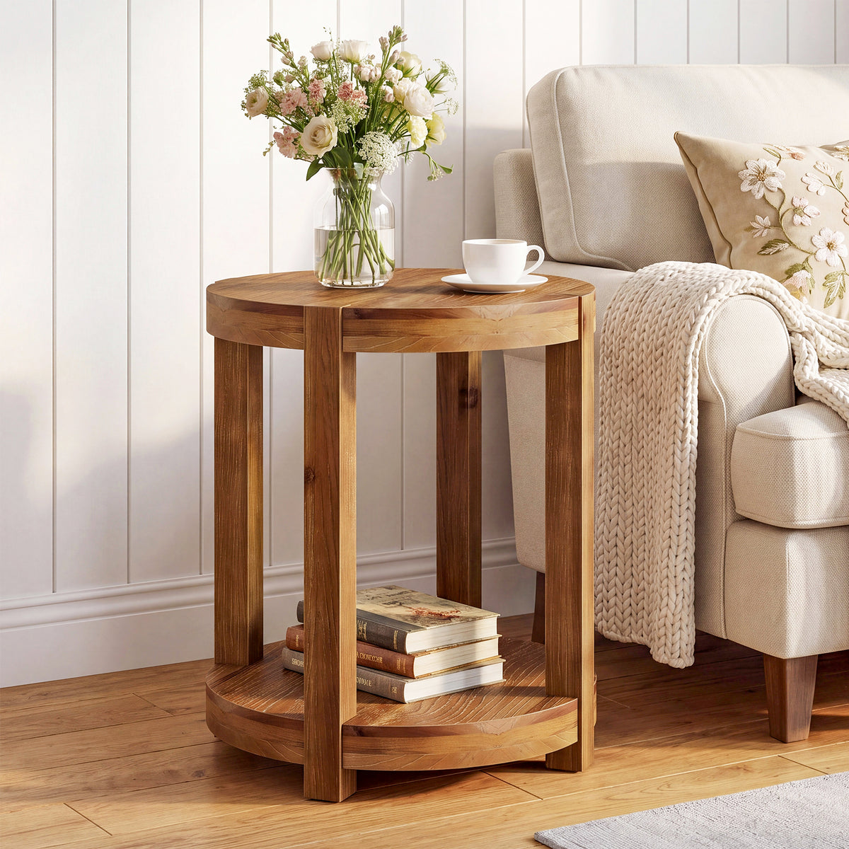 20.08" Round Solid Wood End Table, 2-Tier Side Table with Storage Shelf for Living Room