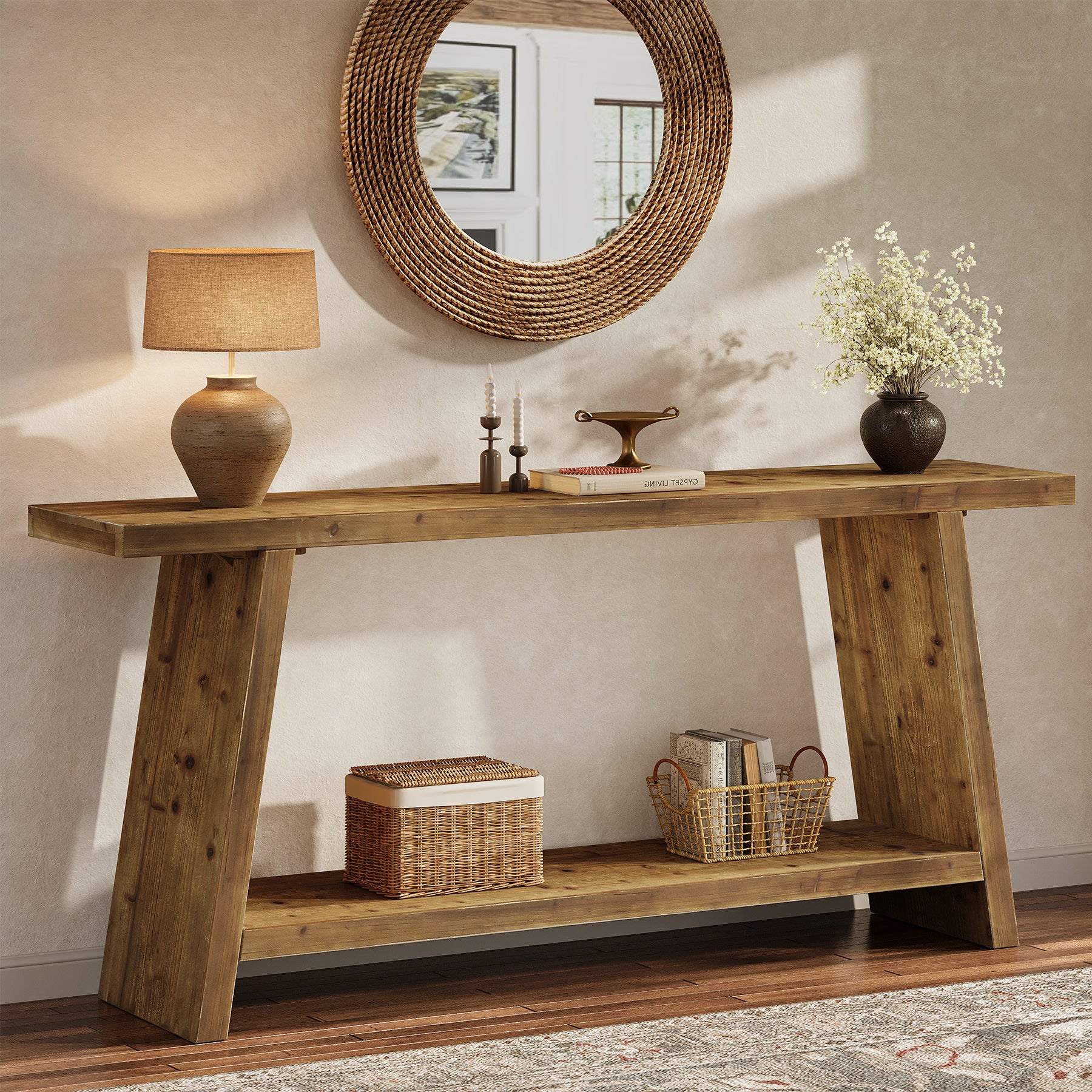 Solid Wood Console Table, 70.9" Sofa Table Behind Couch with 2-Tier Storage