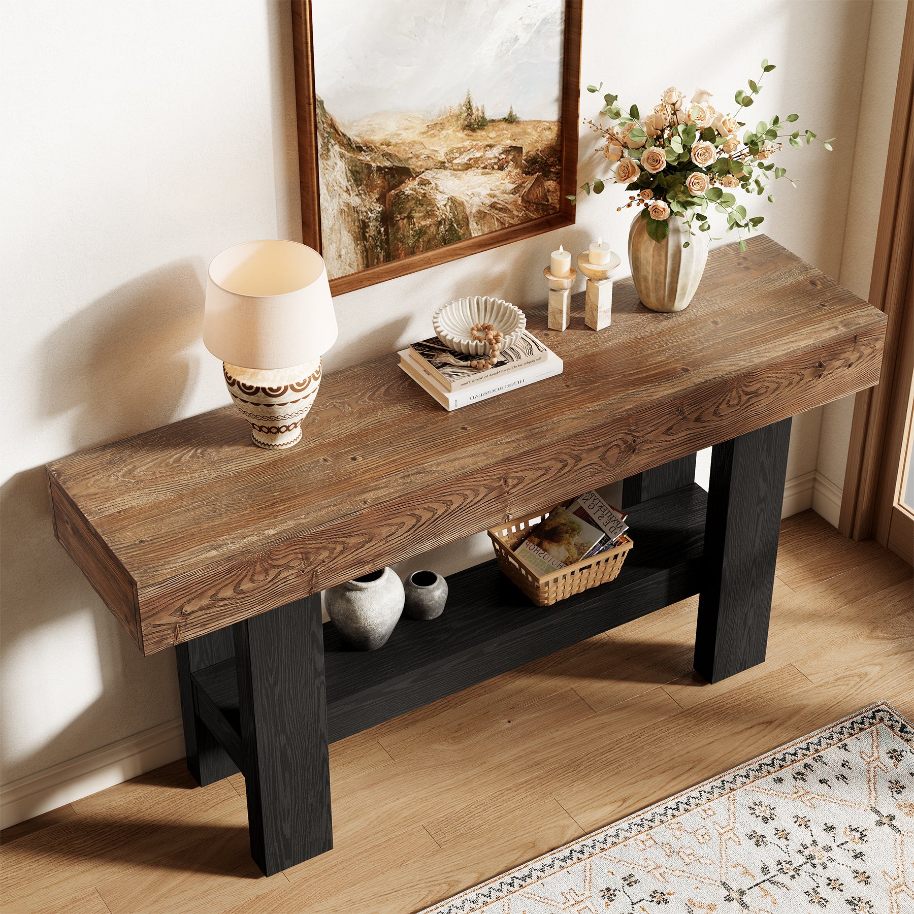 63" Solid Wood Console Table, Narrow Sofa Table with Storage Shelf