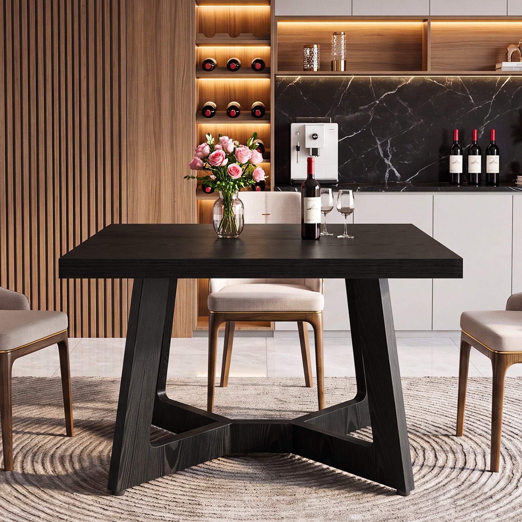 39.37" Square Dining Table, Modern Kitchen Table Geometric Leg for 4 People