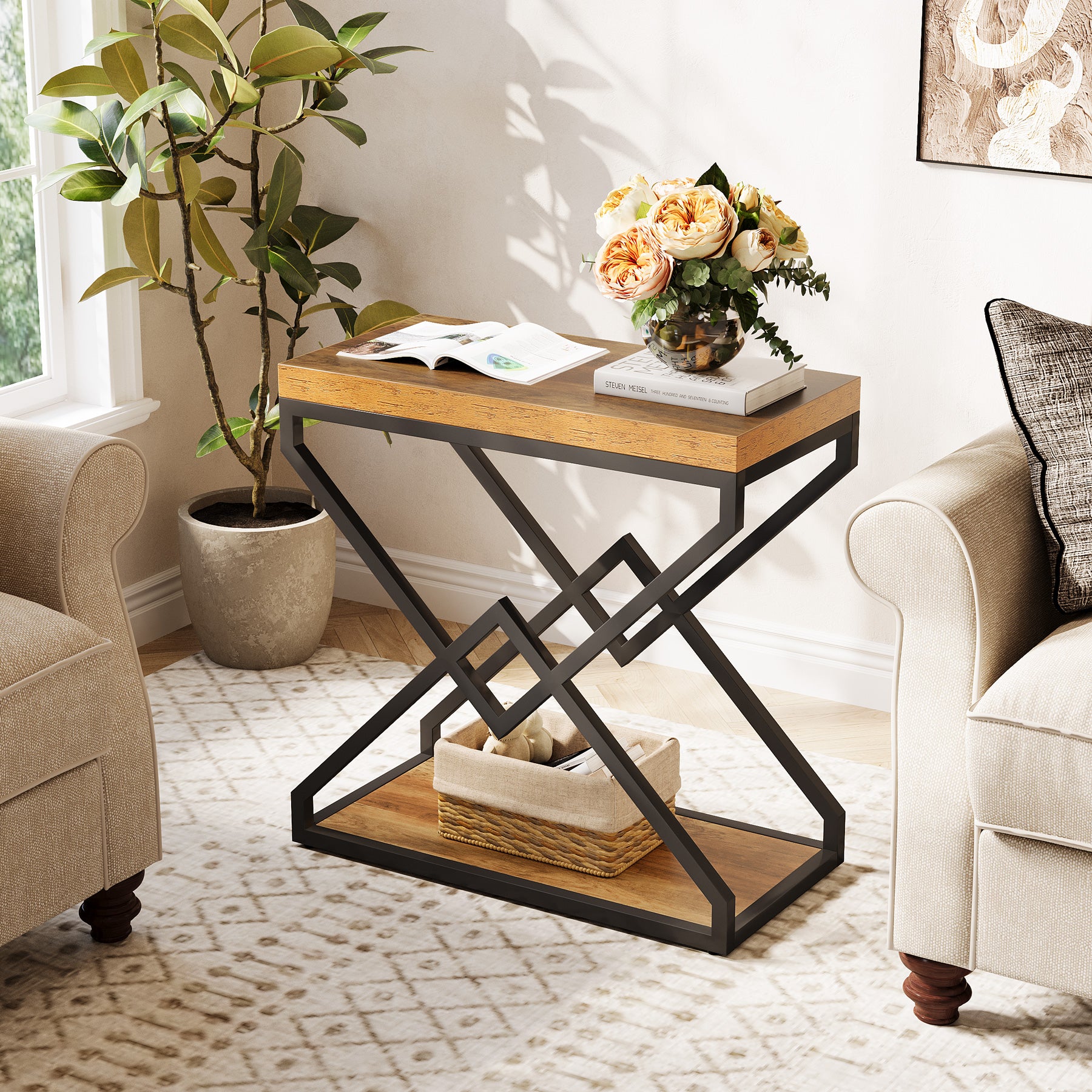 23.62" End Table, Narrow Side Table with Storage and X-Shaped Metal Frame
