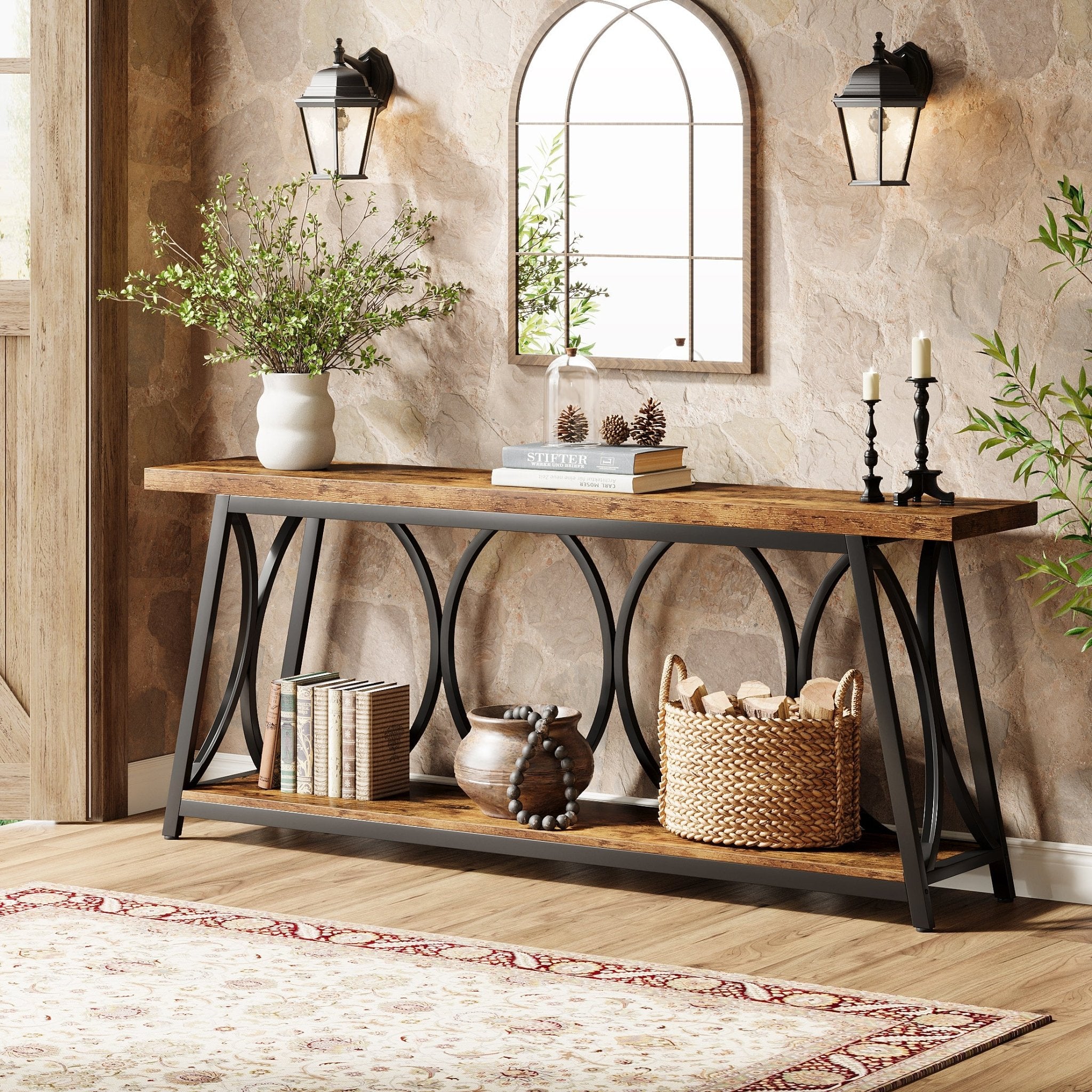 70.9" 2-Tier Industrial Console Table, Sofa Table with Shelves for Living Room or Entryway