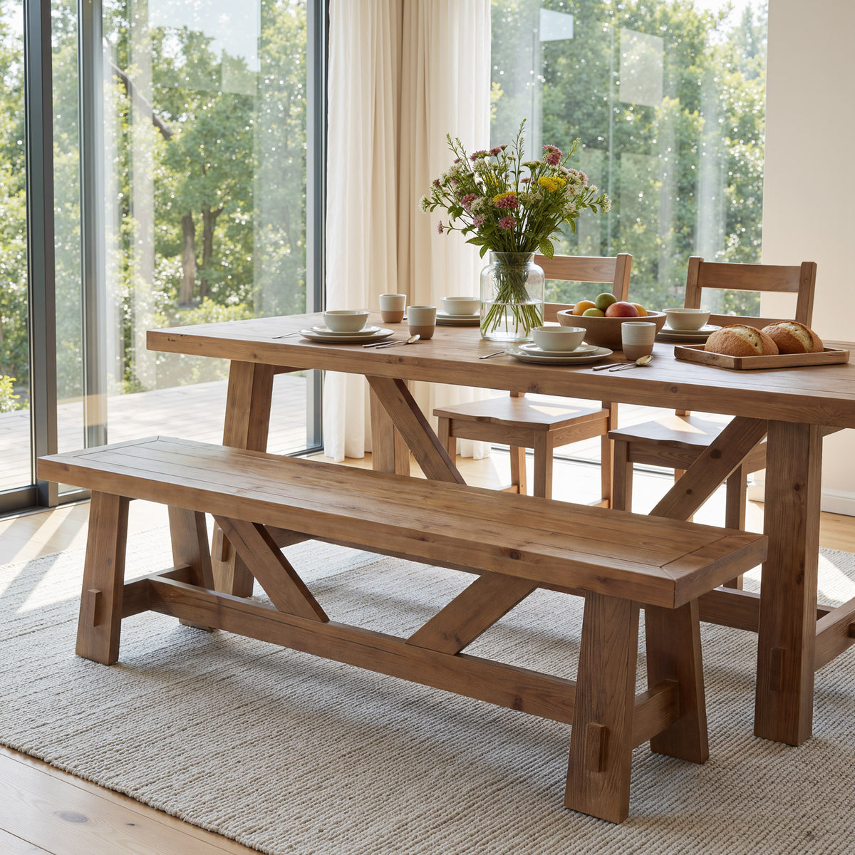 55" Solid Wood Dining Bench, Farmhouse Wooden Kitchen Bench for Dining Room