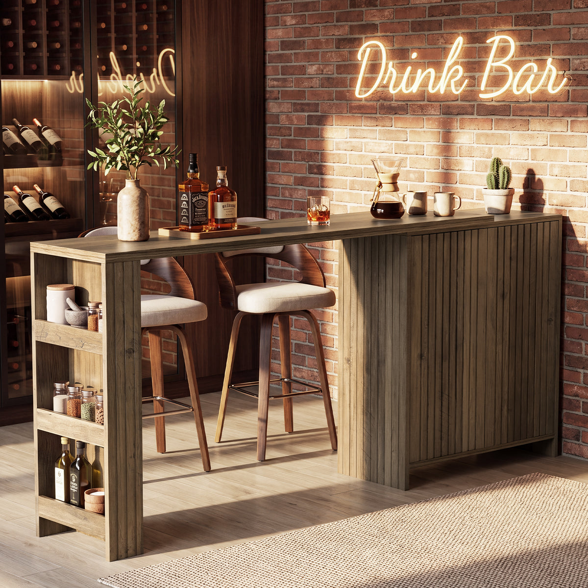 L-Shaped Bar Table, Counter Height Table with Cabinet & Open Shelves for Kitchen, Dining Room