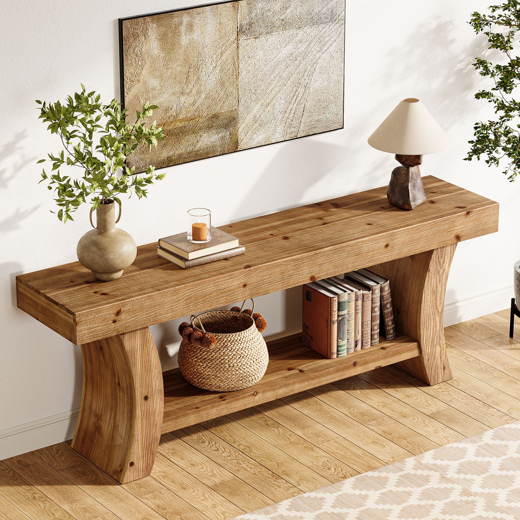 2-Tier Solid Wood Console Table, 63" Farmhouse Sofa Table Behind Couch