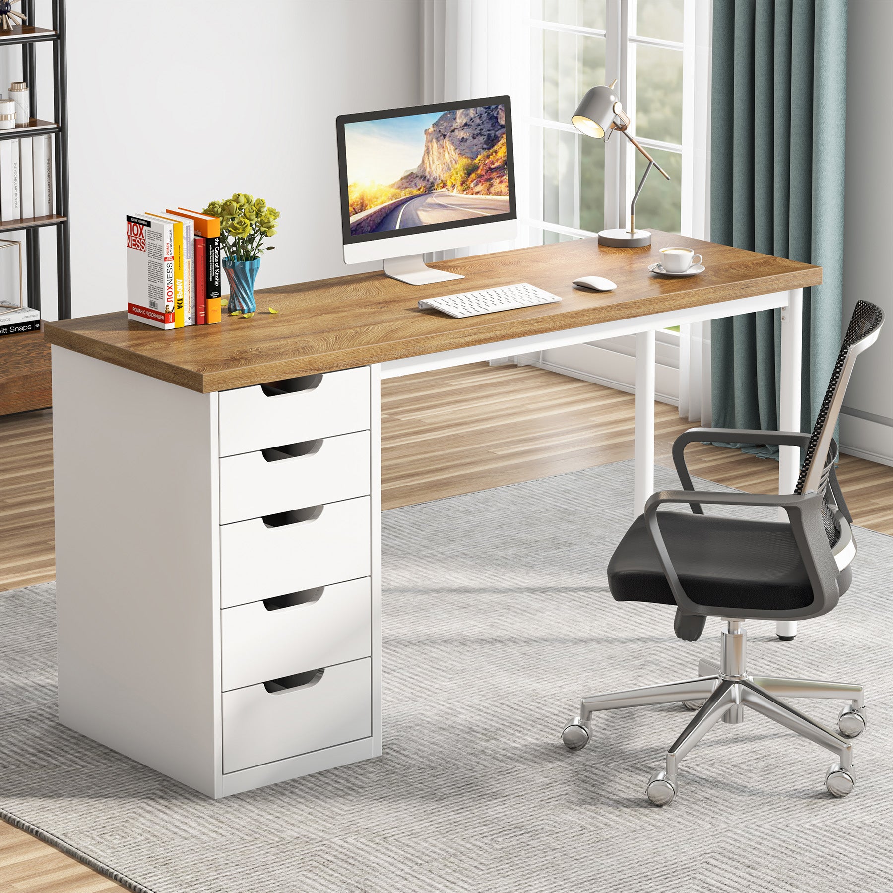 47" Computer Desk with 5 Drawers, Compact Storage Home Office Desk