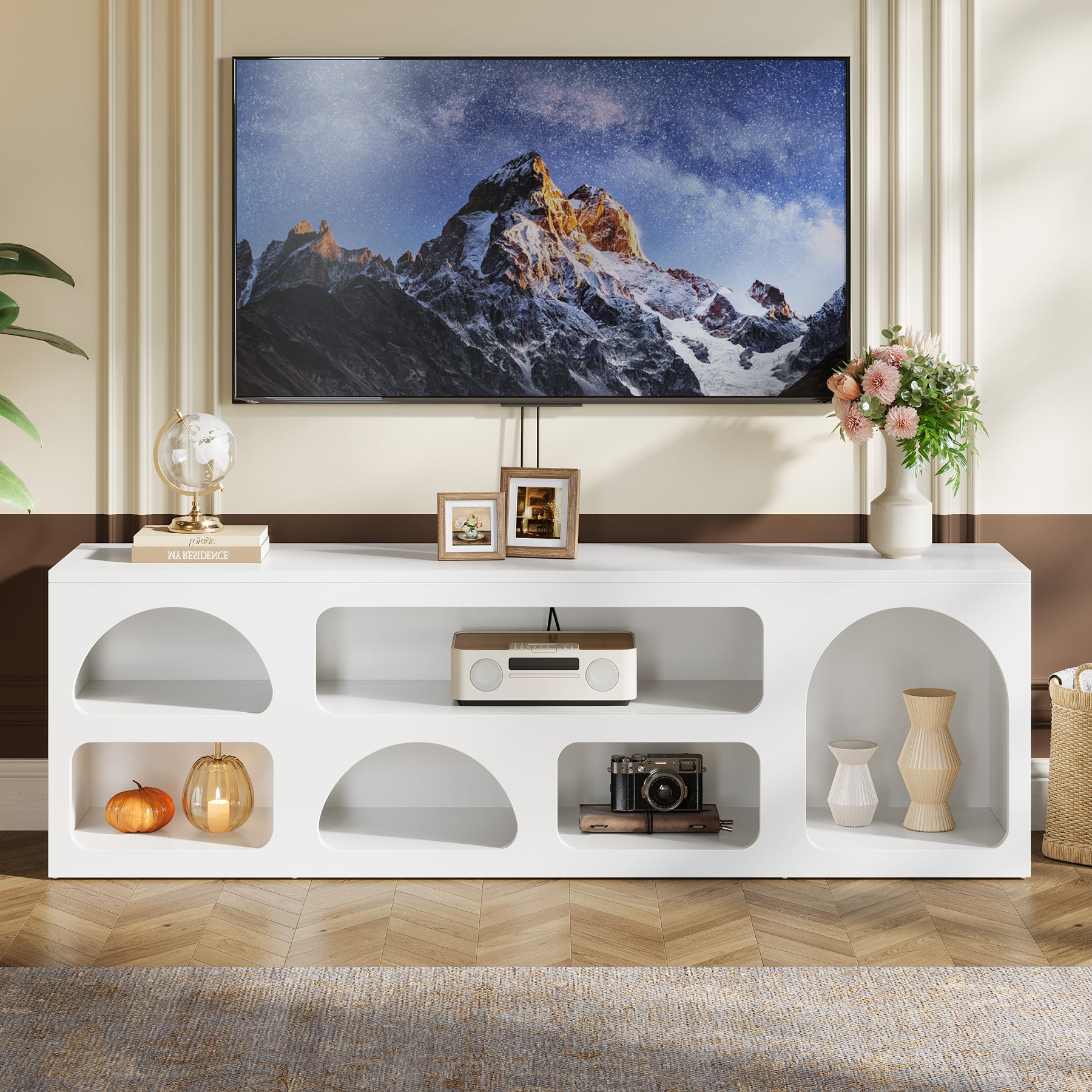 63" TV Stand for 60 to 70 Inch TVs, Modern White Media Console with 6 Open Shelves
