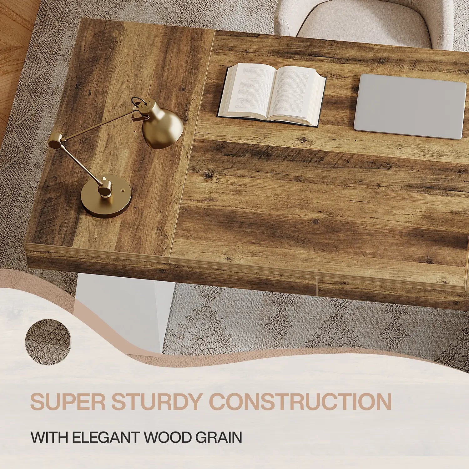 55" Executive Desk with Double Trapezoid Base, Modern Wooden Computer Desk for Home Office