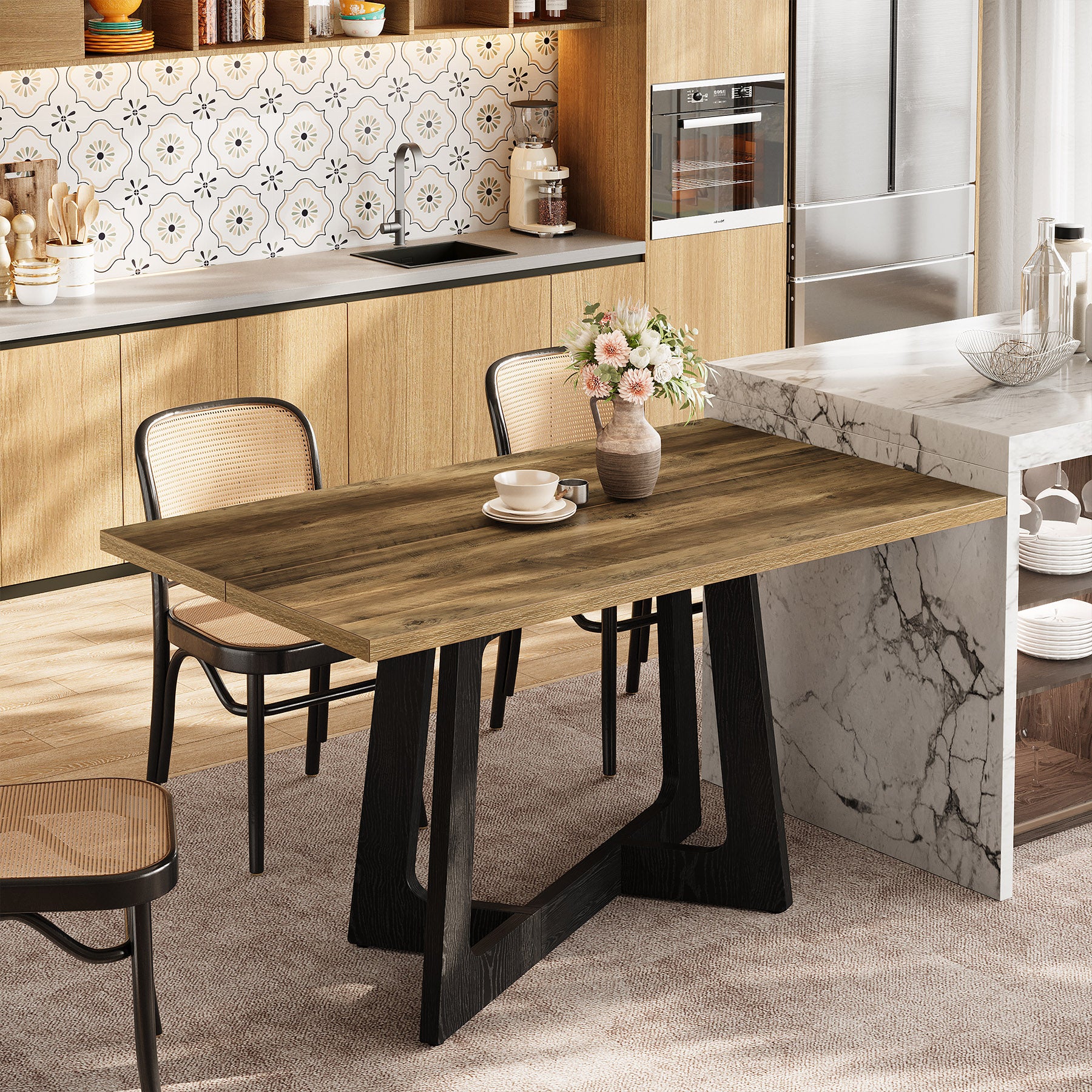 47" Small Dining Table for 2-4 People, Farmhouse Kitchen Table with Sturdy Pedestal Base