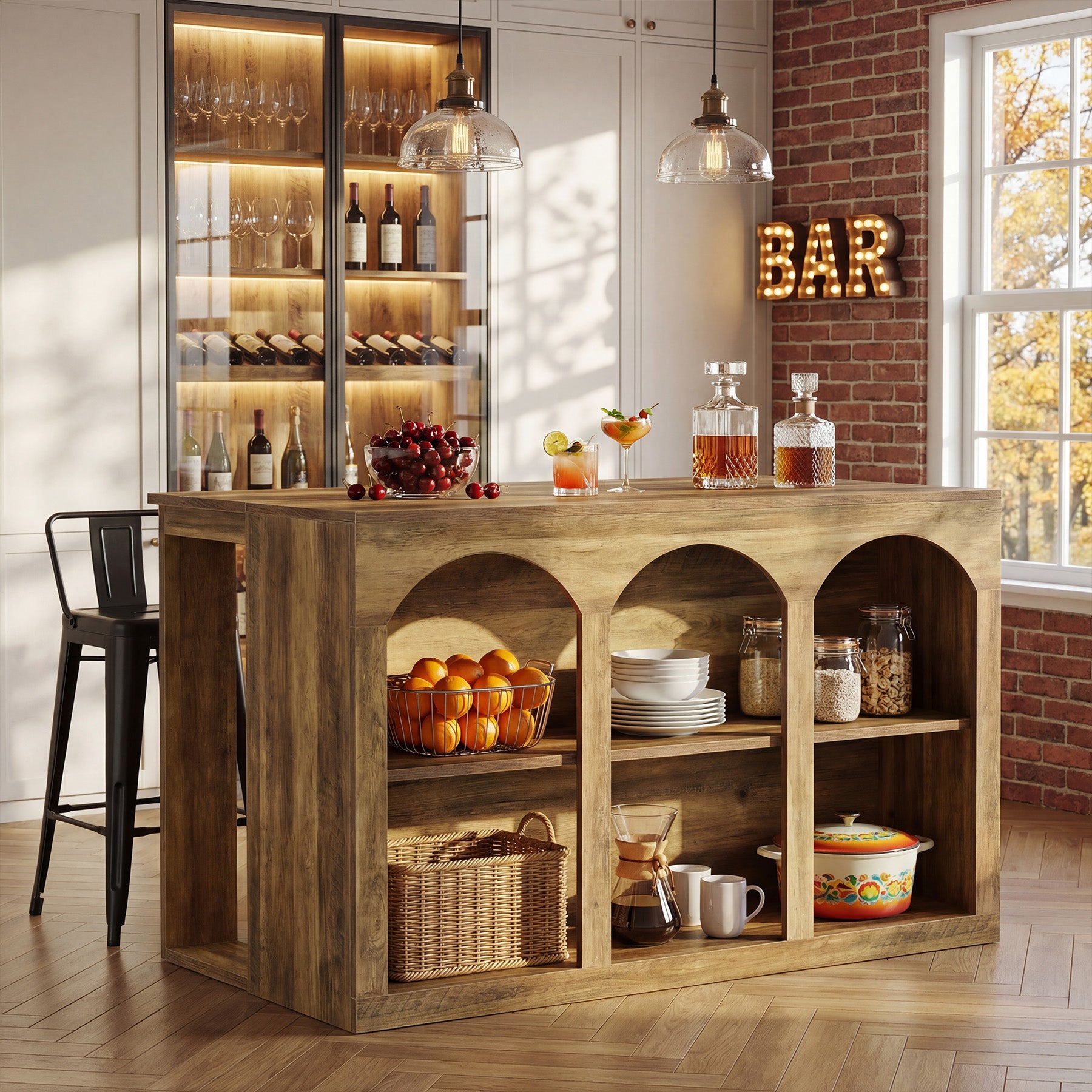 55" Bar Table, High Top Large Home Bar Unit Table with 2-Tier Shelves