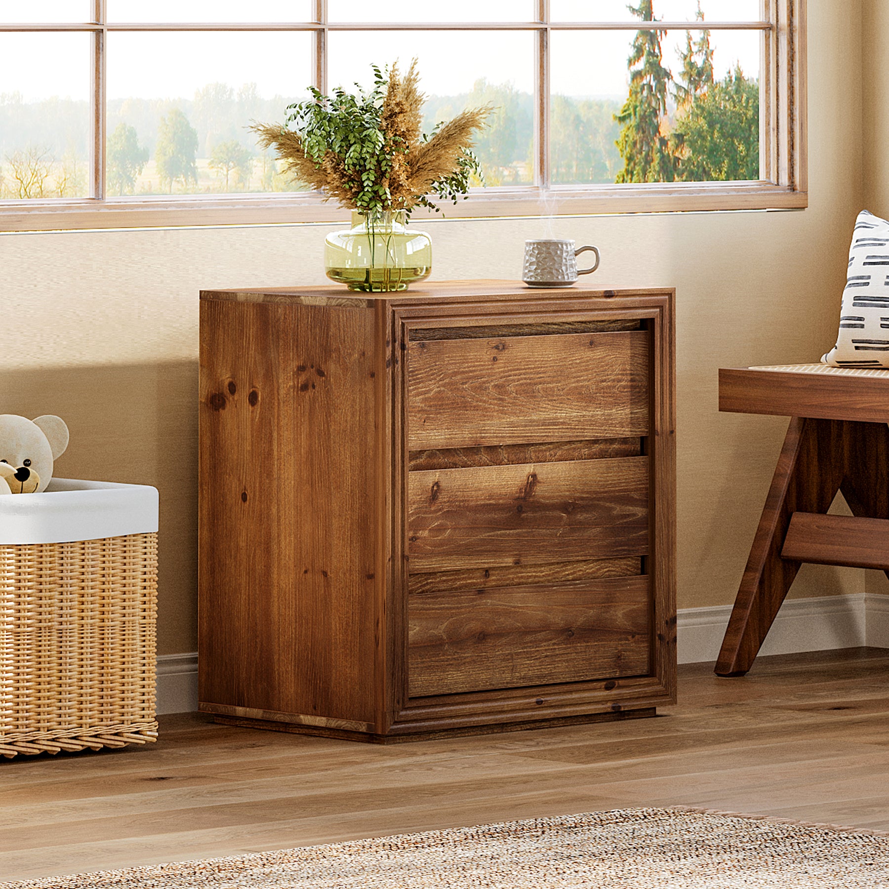 Solid Wood Farmhouse Nightstand, 3-Drawer 23.62" Bedside Table with Storage