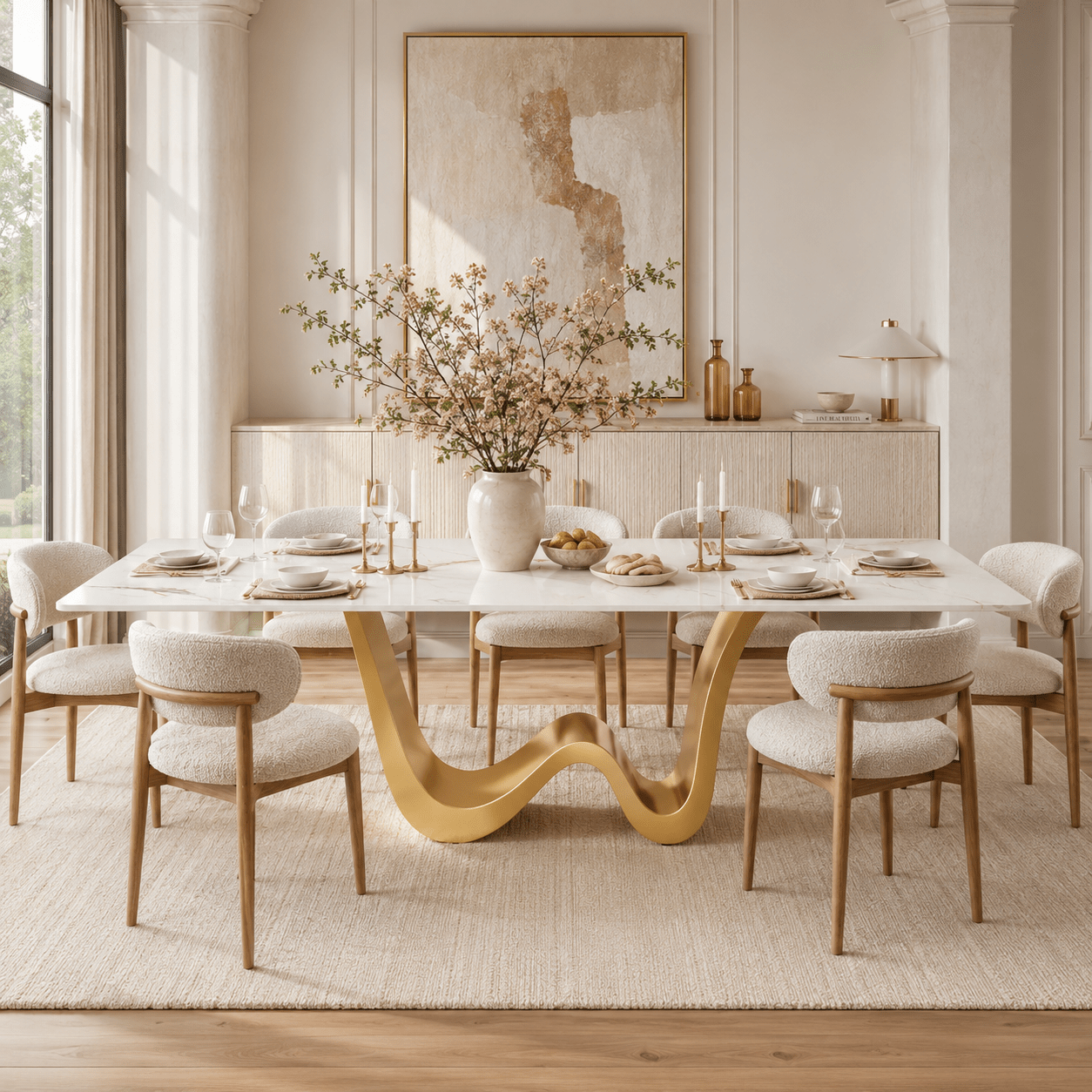Modern sintered stone dining table with a glossy finish and sculptural gold base for an architectural statement