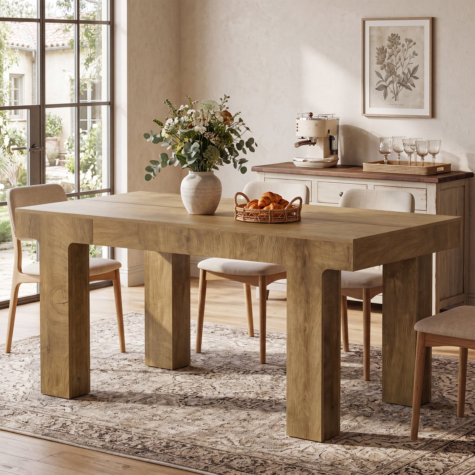 63" Dining Table for 4-6 People, Rectangular Kitchen Table with Smooth Curved Edge