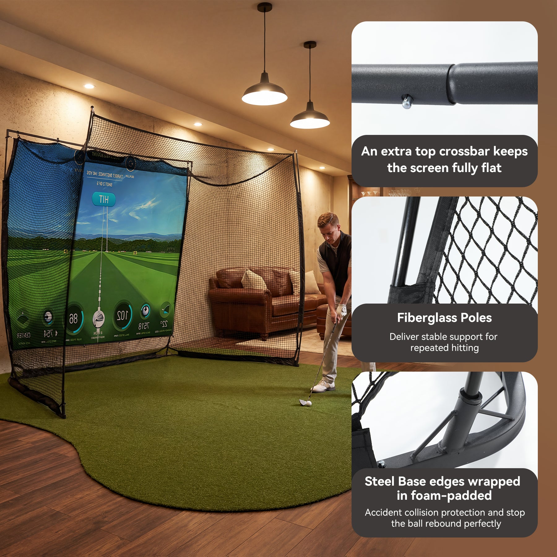 Golf Net, 11x8ft Golf Simulator Hitting Net with Sag-Free Impact Screen & Noise-Reducing Target Cloth