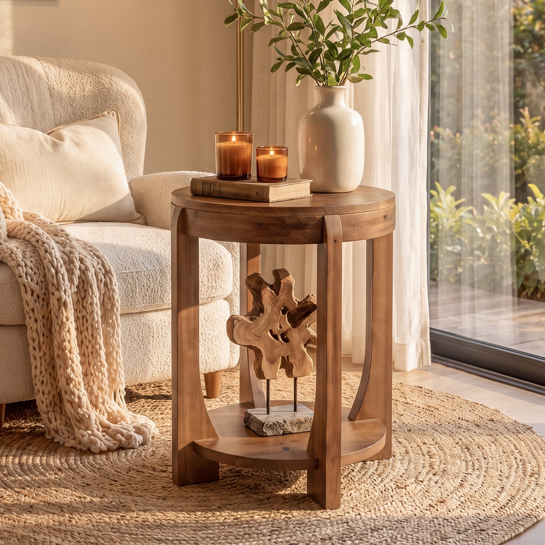 Solid Wood End Table, 2-Tier Round Side Table with Storage Shelf for Living Room, Bedroom